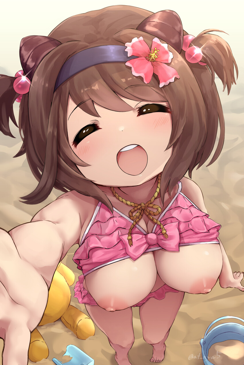 beach, big breasts, bikini, bikini aside, breasts, breasts out, female, granblue fantasy, happy, huge breasts, large breasts, lifted top, oppai loli, petite, small but busty, smile, yaia (granblue fantasy)