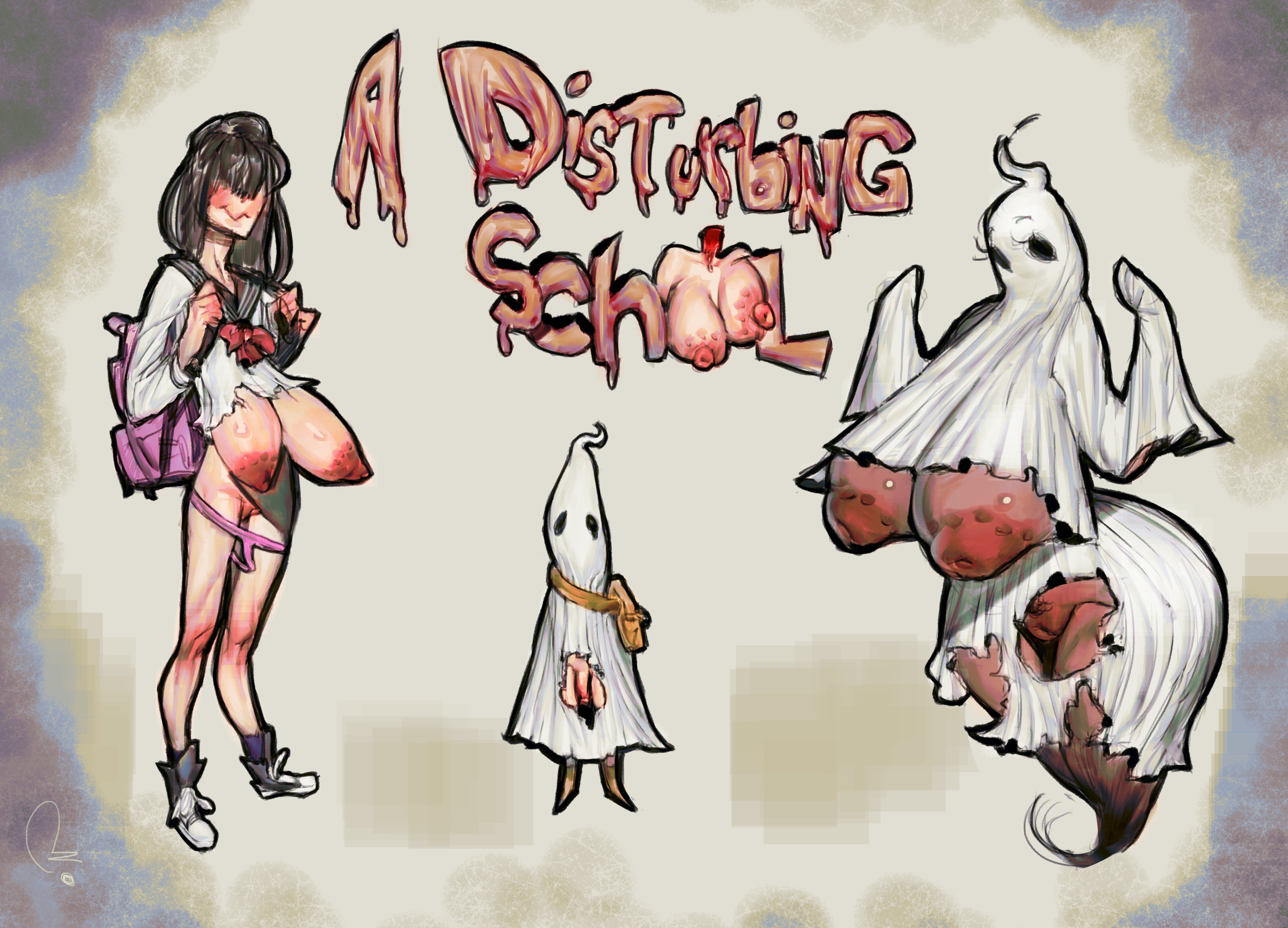 1boy, 2025, 2girls, artist name, artist signature, backpack, bare nipples, big breasts, big nipples, black hair, blush, breast squeeze, breasts, cleft of venus, dark skin, dark-skinned female, extinctyellow, eyelashes, female, flaccid, flaccid penis, ghost costume, ghost girl, gigantic breasts, hair covering eye, hi res, highres, hollow eyes, horror (theme), inverted nipples, light skin, light-skinned female, light-skinned male, long hair, long sleeves, male, original, original characters, pale skin, pale-skinned female, pale-skinned male, penile, penis, pink thong, pubic hair, pussy, ribbon, ripped clothing, sagging breasts, school uniform, schoolgirl, shaved pussy, shoes, size difference, small penis, smaller male, socks, taller female, text, thick thighs, thin female, thin waist, thong, thong down, voluptuous, voluptuous female, wide hips
