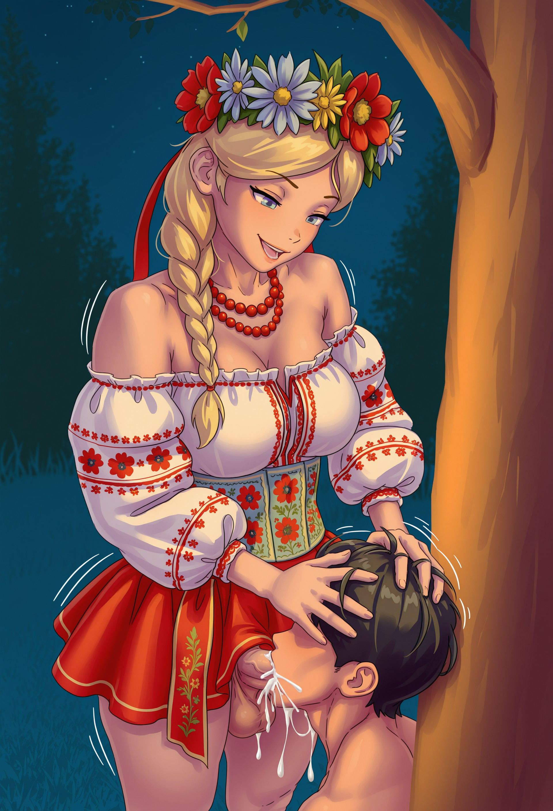 1boy, 1futa, ai generated, balls, black hair, blonde hair, blue eyes, braid, cum, cum in mouth, cum inside, cumdrip, deepthroat, ejaculation, erection, faceless male, female, flower, flower in hair, flower on head, futa on male, futadom, futanari, head grab, intersex, looking at partner, looking down, male, miniskirt, motion lines, necklace, off shoulder, oral, penis, red skirt, ribbon, ribbons, seductive, seductive look, seductive smile, single braid, skirt, slavic, slavic futa, slavic girl, smile, testicles, traditional clothes, ukrainian, ukrainian girl, vyshyvanka