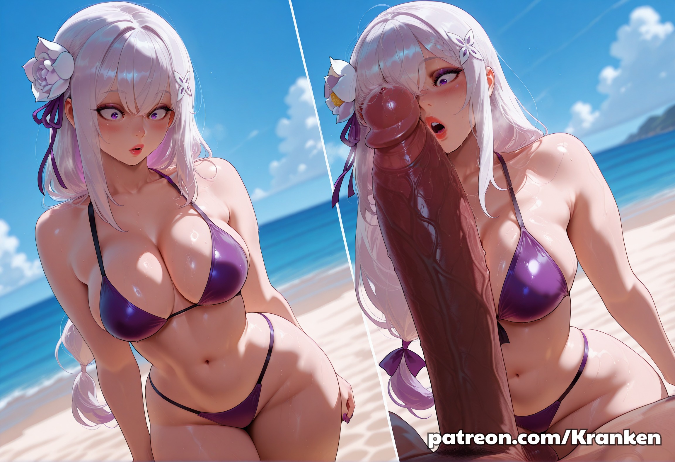 1boy, 1girls, ai generated, balls, beach, beach background, beach sex, before and after, big breasts, big cock, big penis, bikini, breasts, cock, cock shock, dark skin, dark-skinned male, emilia (re:zero), eyes, female, female focus, fringe, gigantic penis, huge balls, huge cock, huge testicles, imminent fellatio, imminent oral, imminent rape, imminent sex, interracial, interspecies, kranken, large penis, light skin, light-skinned female, long hair, long penis, male, male/female, nipple slip, nipples, nipples visible through clothing, oral, patreon, patreon url, patreon username, penis, penis on face, penis reveal, pointy ears, pov, purple bikini, purple eyes, re:zero kara hajimeru isekai seikatsu, sea, seaside, shock, shocked, shocked expression, shocked eyes, surprised, testicles, veiny penis, white hair, white-haired female