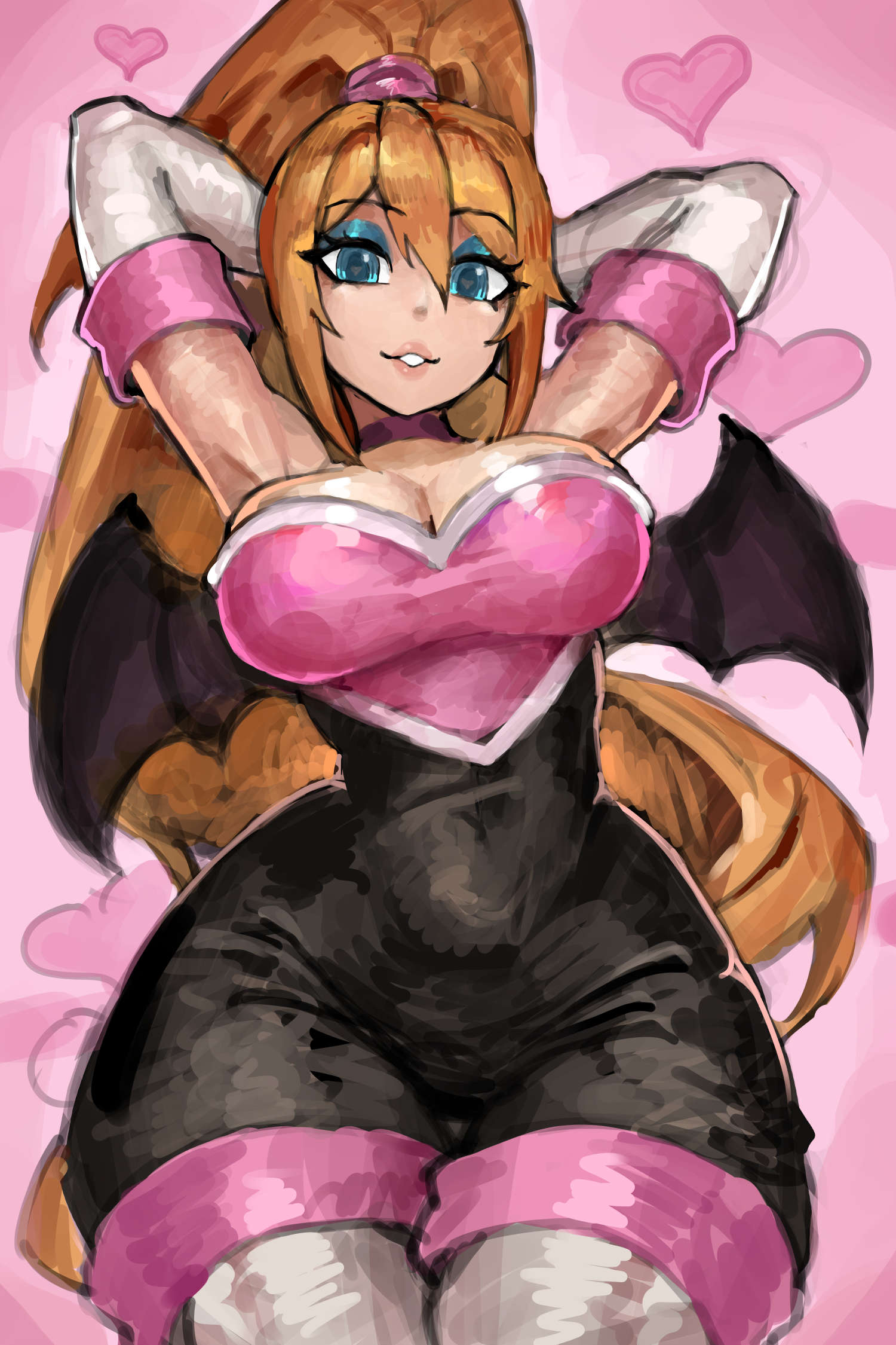 1girls, 2025, 2d, 2d (artwork), 2d artwork, arms behind back, arms behind head, arms up, ass, big breasts, big thighs, blonde hair, blue eyes, breast focus, breast squish, breasts, cosplay, crossover, eyelashes, eyeliner, female, female focus, female only, hips, huge thighs, large thighs, light skin, light-skinned female, lips, long hair, looking at viewer, looking down, looking pleasured, make up, makeup, metroid, neckband, nintendo, pony tail, ponytail, rouge the bat (cosplay), saiykik, samus aran, sega, shiny hair, shiny skin, shiny thighs, solo, solo female, solo focus, sonic (series), sonic the hedgehog (series), sweater, thick ass, thick thighs, thighs, tight clothes, tight clothing, yellow hair