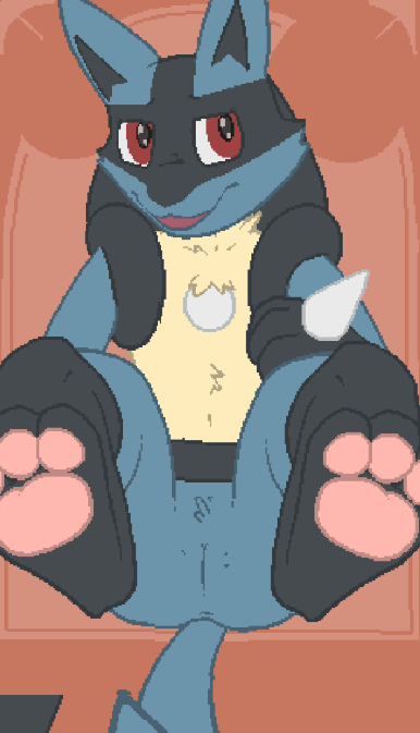3_fingers 3_toes anthro anus argon_vile canid canine digital_media_(artwork) feet female fingers fur generation_4_pokemon genitals hindpaw looking_at_viewer lucario lying mammal monster_mind nintendo nude on_back open_mouth pawpads paws pixel_(artwork) pokemon pokemon_(species) pussy semi-anthro simple_background solo tail toes