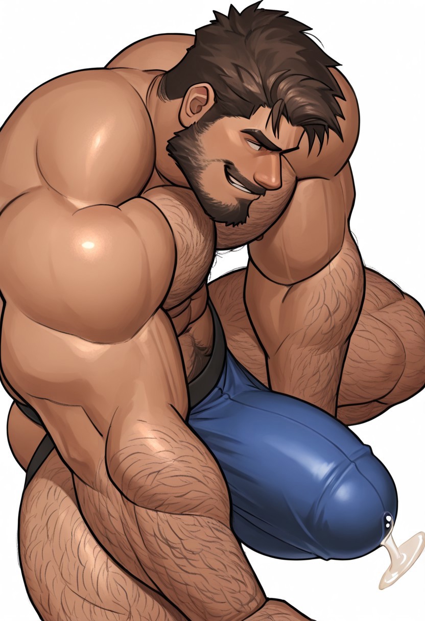 ai, ai generated, beard, big bulge, bulge, bulge through clothing, bulge under clothes, civitai, daddy, dilf, erect penis, erection, erection under clothes, facial hair, fred (kenkudog), gay, hairy, hairy chest, hairy male, huge bulge, hunk, jockstrap, jockstrap bulge, jockstrap only, large bulge, large muscles, male, male focus, male only, masculine, masculine male, muscles, muscular, muscular male, penis, precum, smirk, solo male