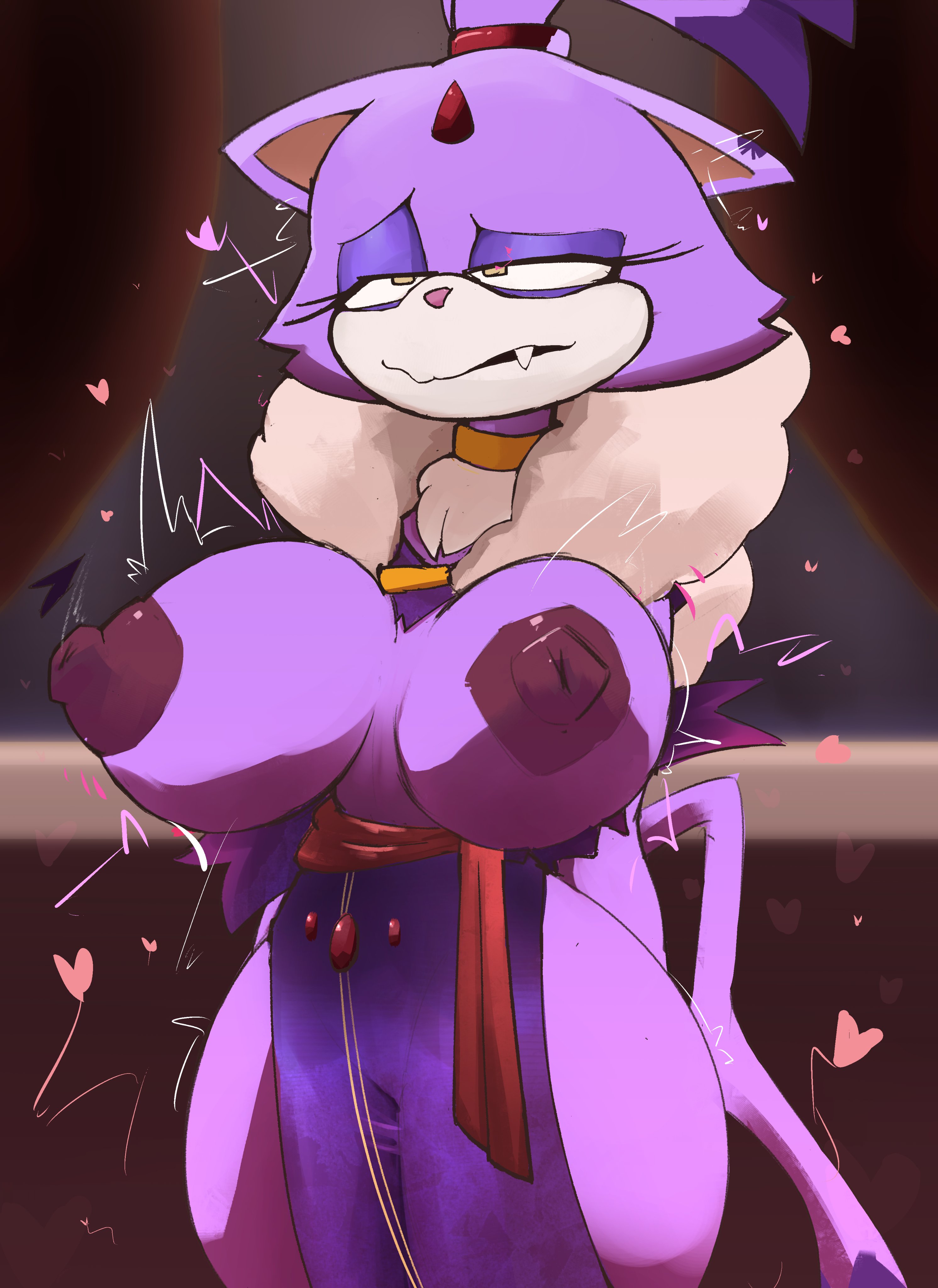 2024, absurd res, anthro, big breasts, blaze the cat, breast expansion, breast growth, breast growth (enlargement), breasts, domestic cat, expansion, eyelashes, eyeshadow, felid, feline, felis, female, forehead gem, gem, heart, hi res, makeup, mammal, nipple dip, nipples, ponytail, postpluvial, sega, solo, sonic (series), sonic the hedgehog (series), tail, the murder of sonic the hedgehog, yellow eyes