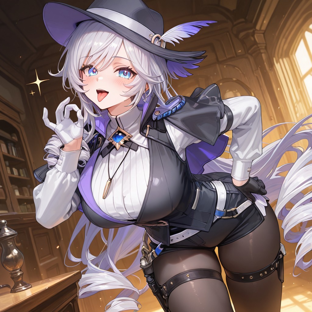 1girls ai_generated asking_for_sex asking_viewer ass asymmetrical_legwear bending_forward bending_over black_stockings black_vest blowjob blowjob_gesture blue_eyes breasts detective_(silver_palace) drill_hair fellatio fellatio_gesture female female_focus female_only gloves hat large_breasts looking_at_viewer necklace purple_hair shorts silver_palace solo solo_female solo_focus stockings thick thick_ass thick_thighs thighhighs thighs very_long_hair vest white_gloves
