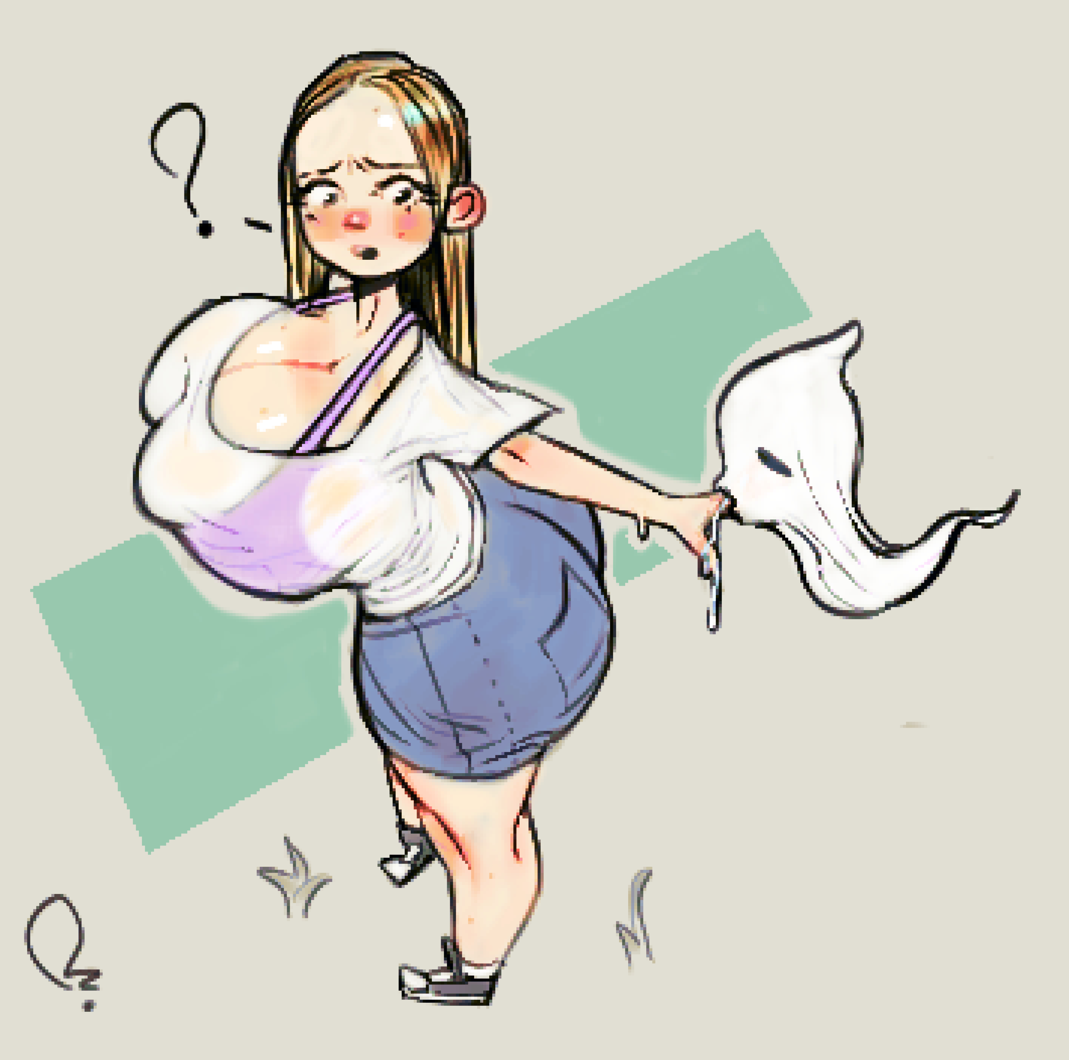 ?, 1girls, 2025, alternate version at source, alternate version available, ambiguous gender, artist name, artist signature, ass, big ass, blonde female, blonde hair, blush, bodily fluids, breasts, clothed female, denim shorts, extinctyellow, female, female only, finger in mouth, ghost, gigantic breasts, grass, light skin, light-skinned female, long hair, mole, mole on breast, original, pale skin, pale-skinned female, pixel art, purple underwear, saliva, saliva string, saliva trail, see-through, see-through clothing, see-through shirt, shoes, simple background, skindentation, sucking, thin waist, voluptuous, voluptuous female