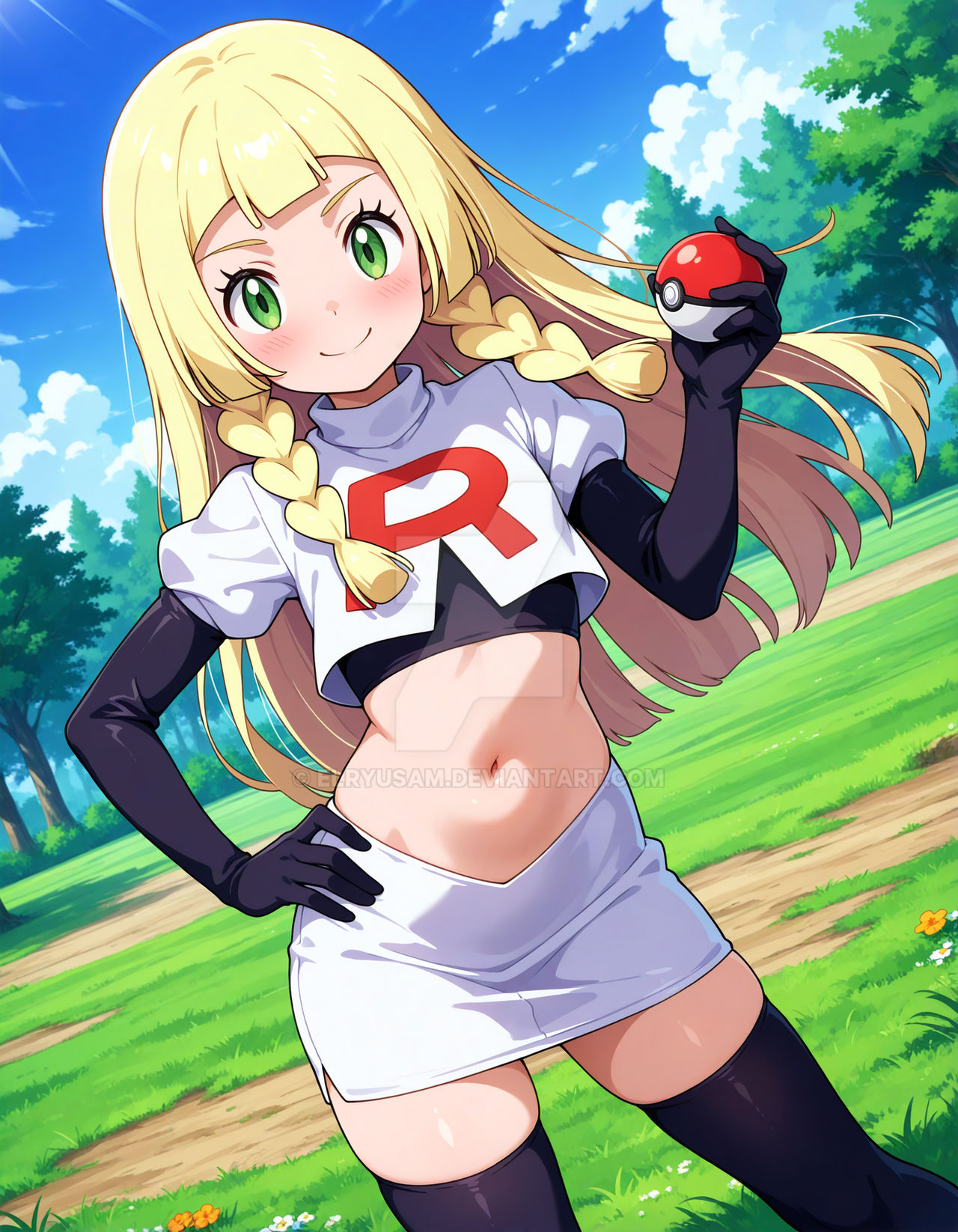 2025, 4kids entertainment, ai generated, anime, belly, black gloves, black shoes, blonde eyebrows, blonde female, blonde girl, blonde-haired female, blowing hair, corruption, cosplay, cosplayer, deviantart, elryusam, enemy conversion, evil grin, evil smile, female, green eyes, grinning at viewer, hair blowing, hand on hip, holding pokeball, lillie (pokemon), looking at viewer, meta, mouth closed, nintendo, not porn, park, pink cheeks, pokemon, smile at viewer, smiling at viewer, team rocket, team rocket (cosplay), team rocket uniform, tummy