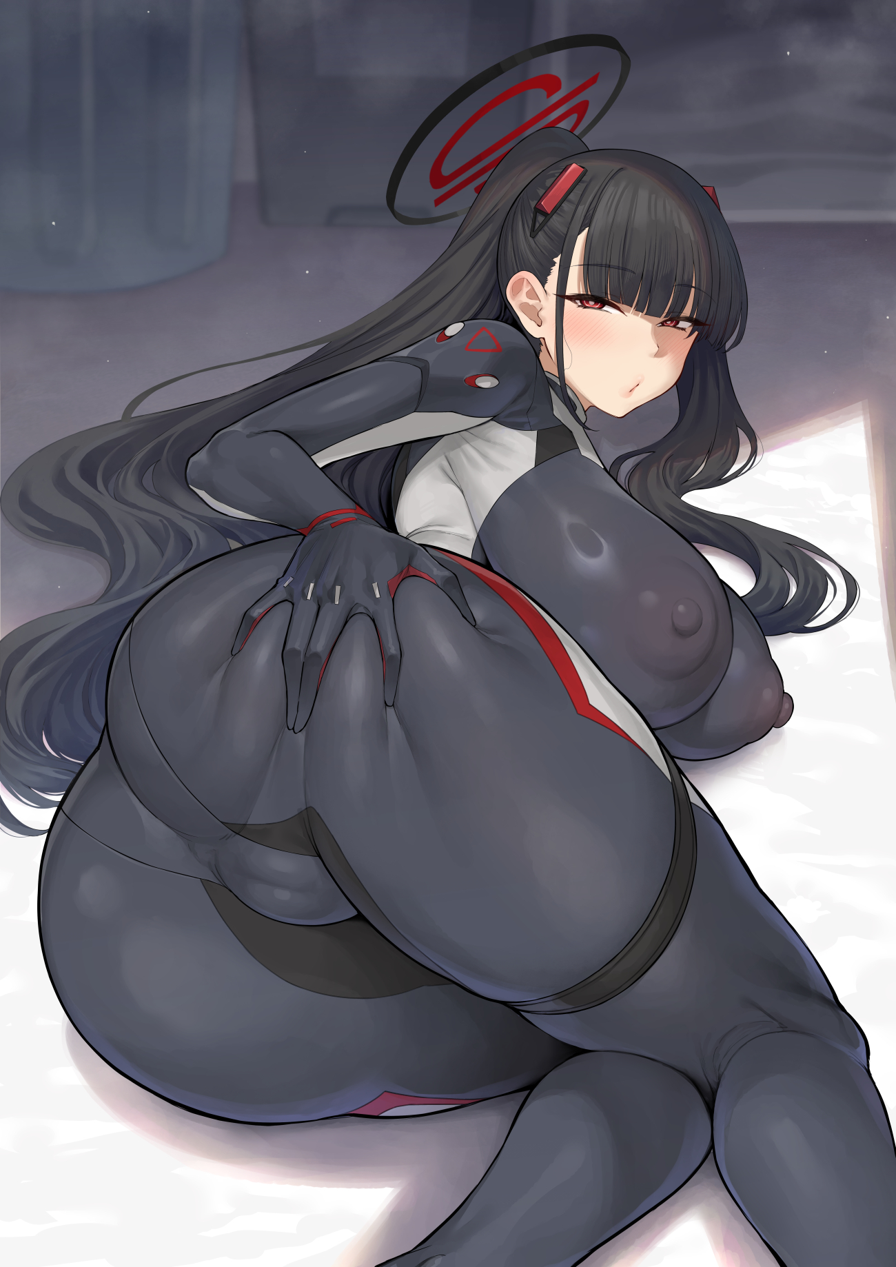 ass, black bodysuit, black hair, black halo, blue archive, blunt bangs, bodysuit, breasts, bright pupils, cameltoe, covered erect nipples, female, grabbing own ass, halo, highres, huge breasts, impossible bodysuit, impossible clothes, katsura harufumi, long hair, looking at viewer, lying, millennium science school student, official alternate costume, on side, ponytail, red eyes, ringed eyes, rio (armed) (blue archive), rio (blue archive), seminar (blue archive), skin tight, solo, very long hair, white pupils