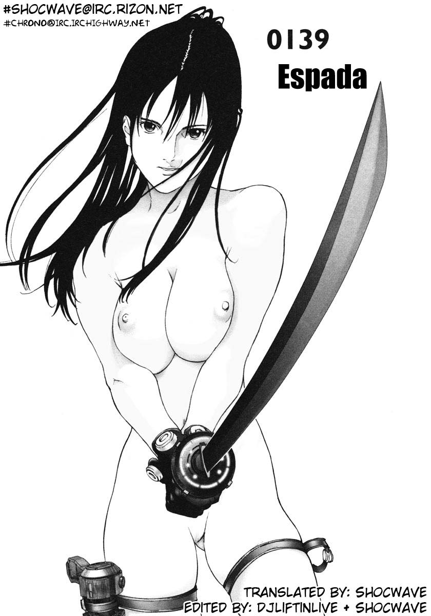 breasts gantz gloves gun highres hiroya_oku katana lips long_hair monochrome nipples nude official_art oku_hiroya pussy shimohira_reika solo sword uncensored weapon x-gun