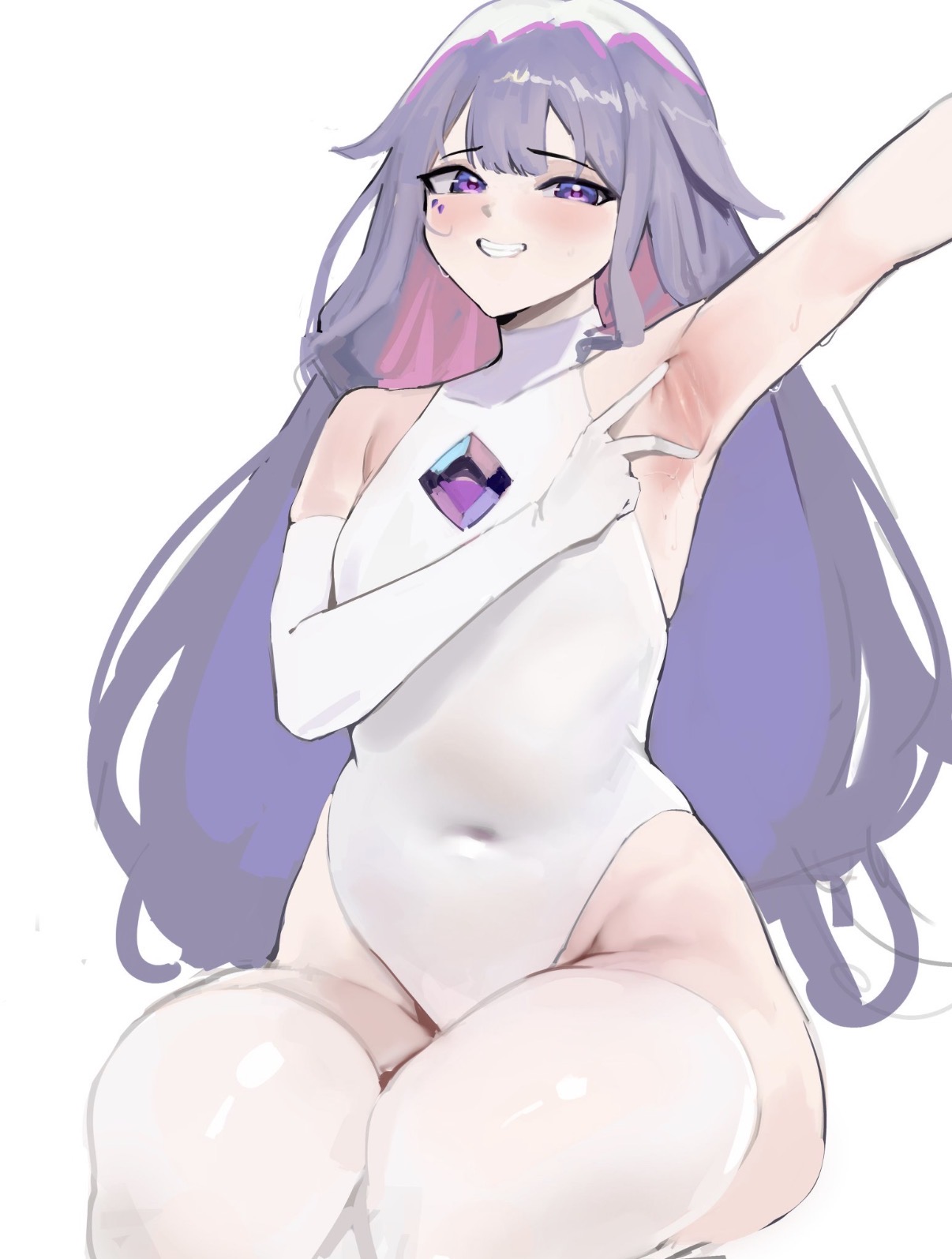 armpit crease, armpit fetish, armpit spread, armpits, bottom heavy, gem, hololive, hololive english, hololive english -advent-, koseki bijou, leotard, long hair, navel visible through clothes, purple eyes, small breasts, sweaty, thick thighs, thighhighs, thin arms, virtual youtuber, wide hips, yotahen