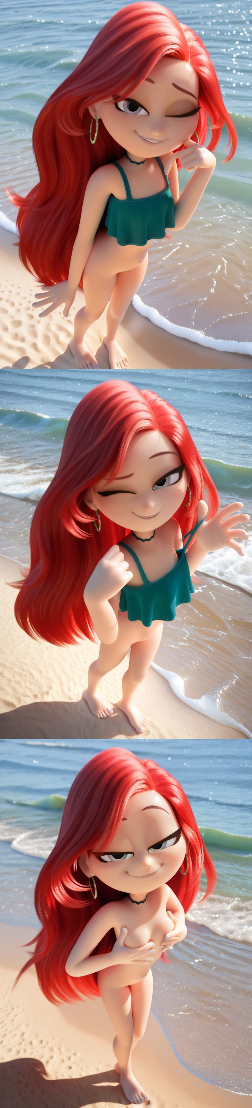 1girls 3d afternoon ai_generated background beach chelsea chelsea_(ruby_gillman) civitai crop_top d3rmal dreamworks earrings eyebrows eyelashes female grabbing grabbing_own_ass grey_eyes long_hair multiple_images naked naked_female naughty red_hair removing_clothing ruby_gillman,_teenage_kraken sand sky smug solo tagme water wink