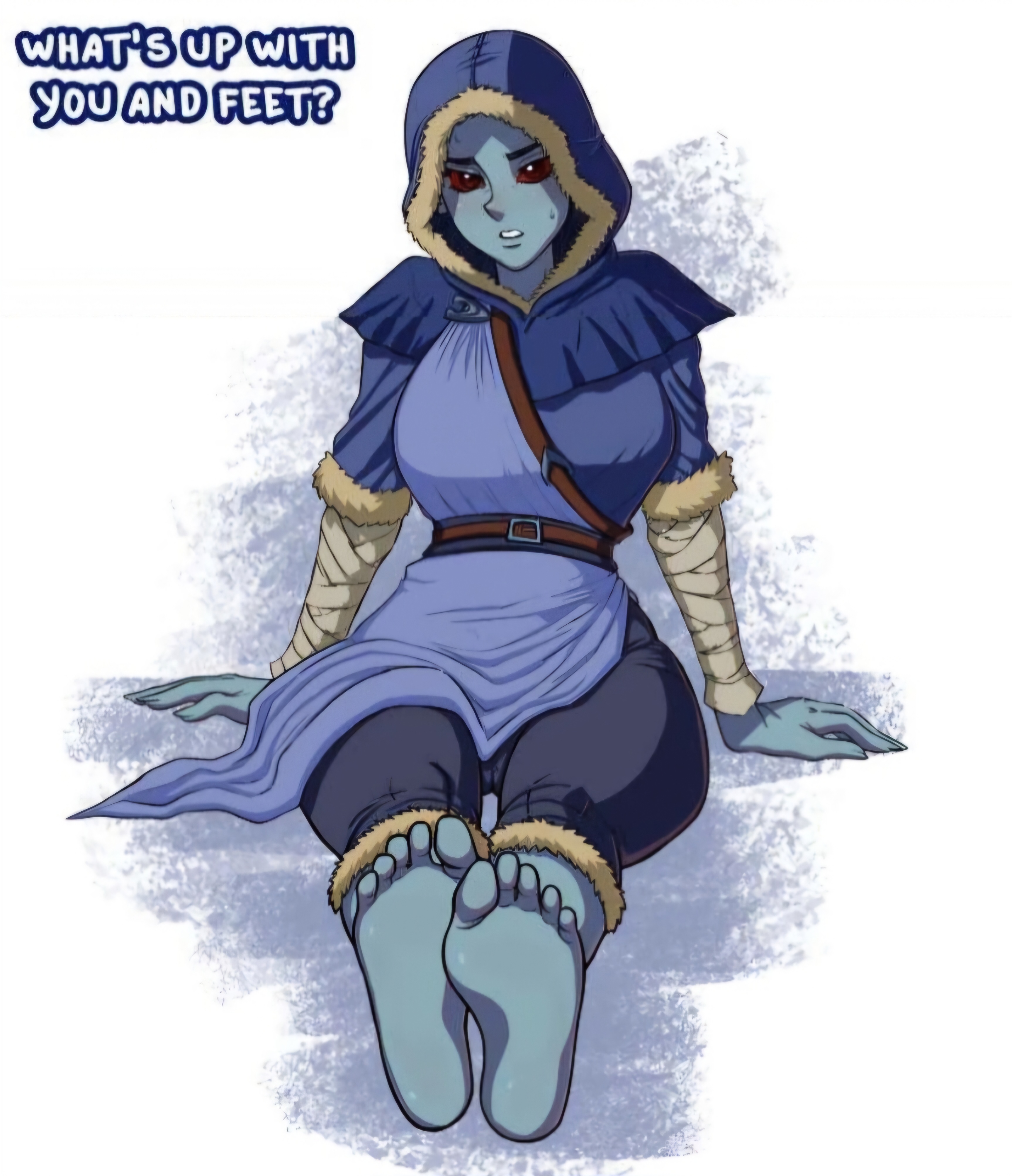 bethesda softworks, brelyna maryon, dark elf, dunmer, english text, feet, feet focus, female, female only, foot fetish, hood, hood up, low res, mostly clothed, ratopombo, red eyes, skyrim, solo, solo focus, text, the elder scrolls, toes