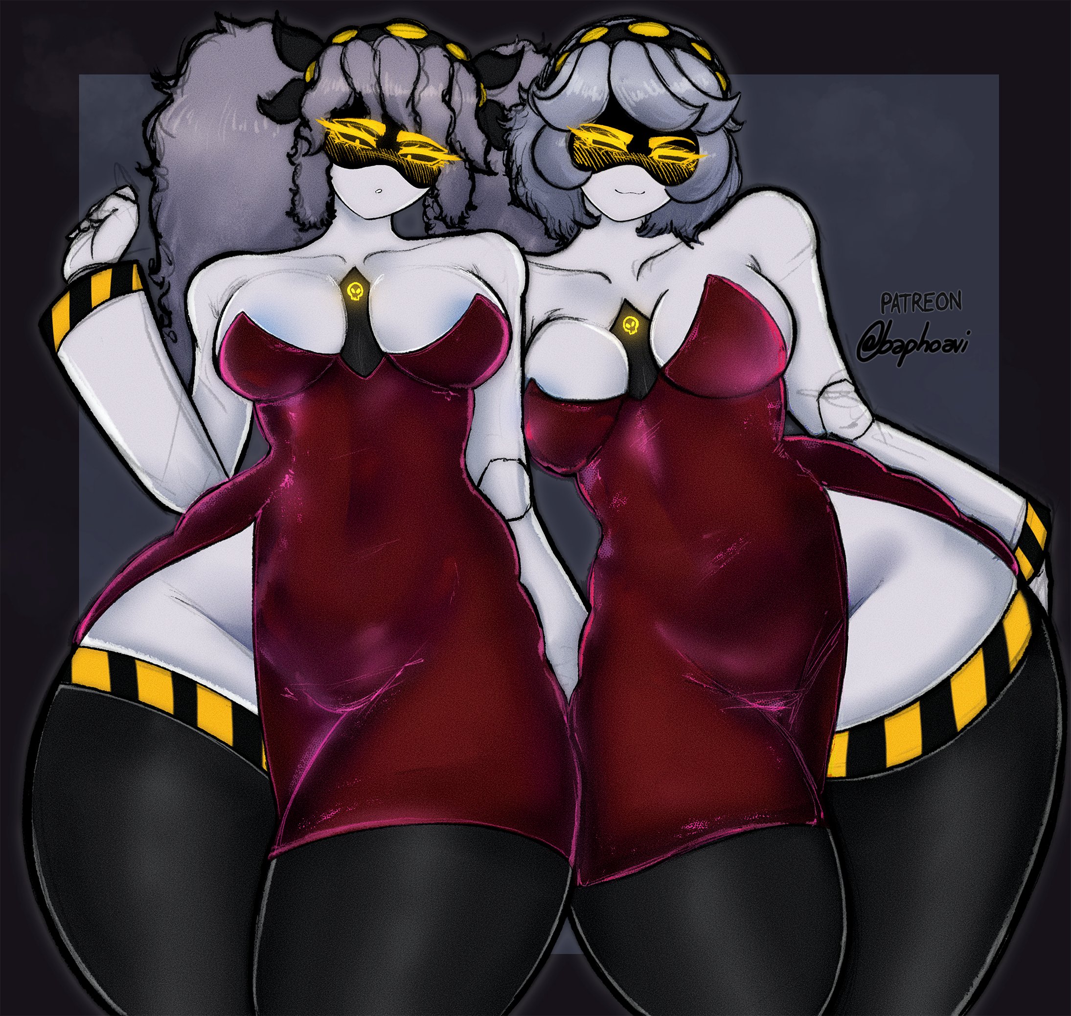 2girls, ass, baphoavi, big ass, big breasts, big thighs, blush, breasts, claws, dress, drone, female, female only, gigantic ass, gigantic thighs, glitch productions, huge ass, huge thighs, j (murder drones), long hair, murder drones, no panties, panties, red dress, robot, robot girl, short hair, side slit, silver hair, solo, tagme, thick hips, thick thighs, thighs, twintails, v (murder drones), white body, white hair, yellow eyes