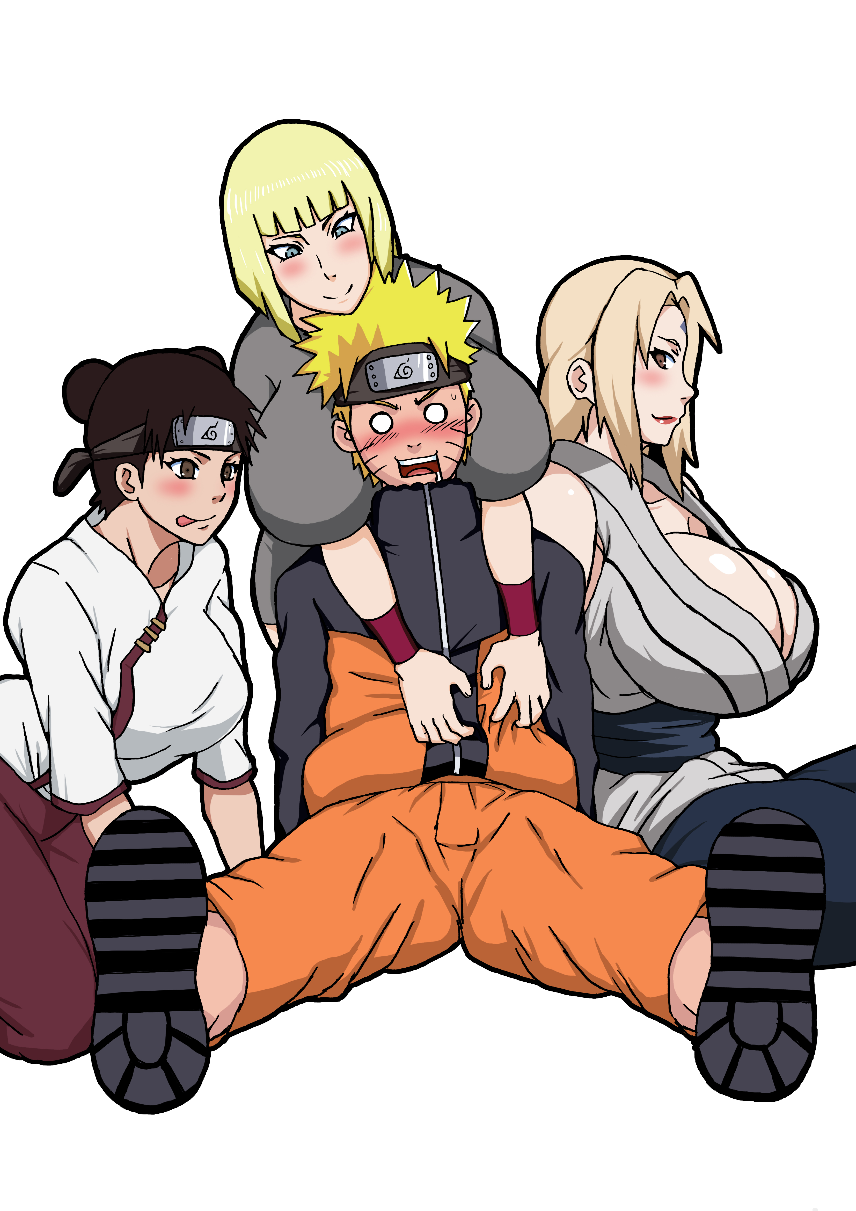 1boy, 3girls, assertive, assertive female, bangs, barefoot, between breasts, black hair, blonde hair, blue eyes, blunt bangs, blush, bob cut, bodily fluids, breast press, breasts, brown eyes, brown hair, bulge, cleavage, closed mouth, clothed, clothing, double bun, drooling, erection, erection under clothes, facial mark, feet, female, fishnets, footwear, forehead protector, full-face blush, grey kimono, group, group sex, hair bun, harem, head between breasts, high resolution, huge breasts, kimono, kneeling, large breasts, licking lips, lipstick, long hair, looking at viewer, makeup, male, mature, mature female, multiple females, multiple girls, naruho, naruto, naruto (series), naruto shippuden, naughty face, no nudity, open mouth, orange pants, pants, penis, robe, saliva, samui, sash, sex, shirt, shoe soles, shoes, short hair, short sleeves, sitting, smile, spread legs, straight, tekoki, tenten, tied hair, toes, tongue, tongue out, traditional clothes, tsunade, uzumaki naruto, very high resolution, wafuku, whisker markings, white shirt, wide-eyed, wristband