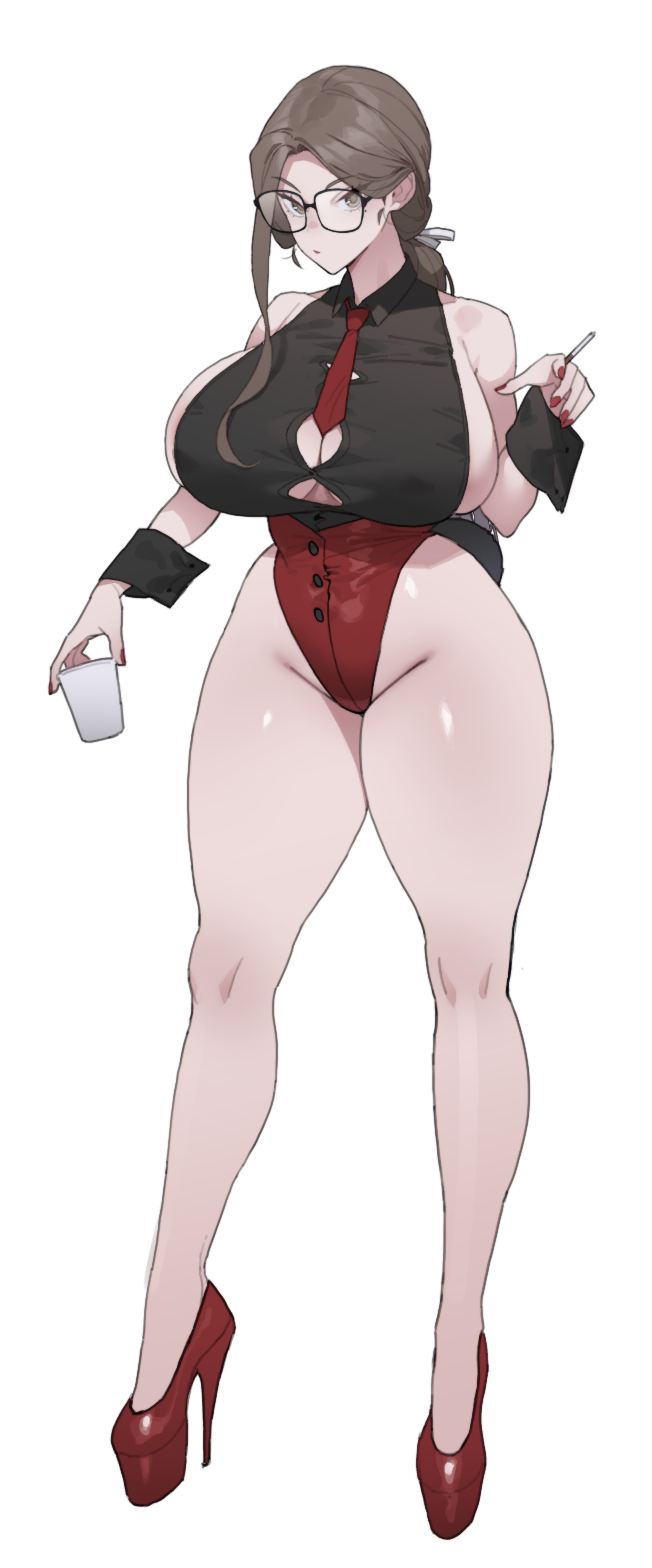 1girls, ass, beauty mark, big ass, bodysuit, breasts, cigarette, female, female only, glasses, high heels, huge breasts, light skin, light-skinned female, mature, mature female, mature woman, mimyo, mole under eye, original, original character, platform heels, solo, solo female, thick, thick thighs, thighs