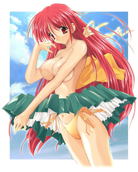 1girls asuka_keisuke blush breasts cameltoe cecil_(lunar_wing) cloud female hair_ribbon huge_breasts large_breasts long_hair lunar_wing navel nipples no_bra open_clothes open_shirt outdoors panties pleated_skirt public_nudity red_eyes red_hair ribbon shirt side-tie_panties signature skirt skirt_lift sky solo standing topless underwear very_long_hair wind_lift yellow_panties