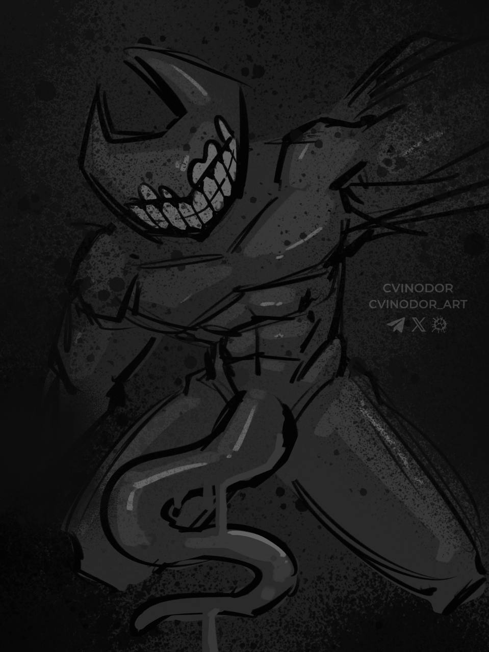 bendy_and_the_ink_machine cvinodor genitals ink_demon male male_only muscular muscular_male non-human non-human_only presenting presenting_penis sketch solo tentacle_penis