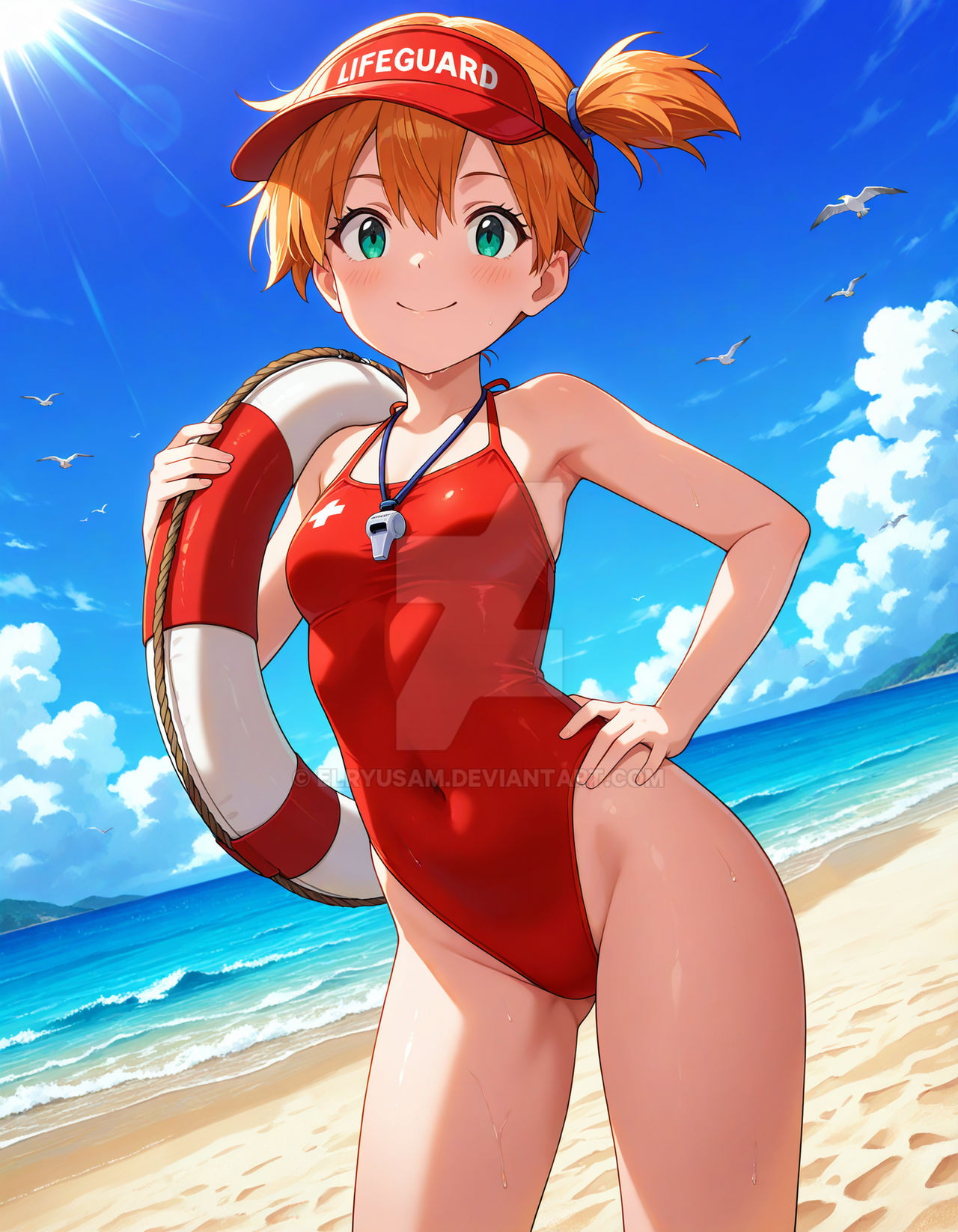 2025, 4kids entertainment, ai generated, anime, beach, blue hairband, deviantart, elryusam, female, green eyes, hand on hip, holding object, kasumi (pokemon), lifeguard hat, lifeguard swimsuit, meta, nintendo, not porn, orange cheeks, orange eyebrows, orange-haired female, pokemon, wet body, wet skin, wet swimsuit, whistle around neck