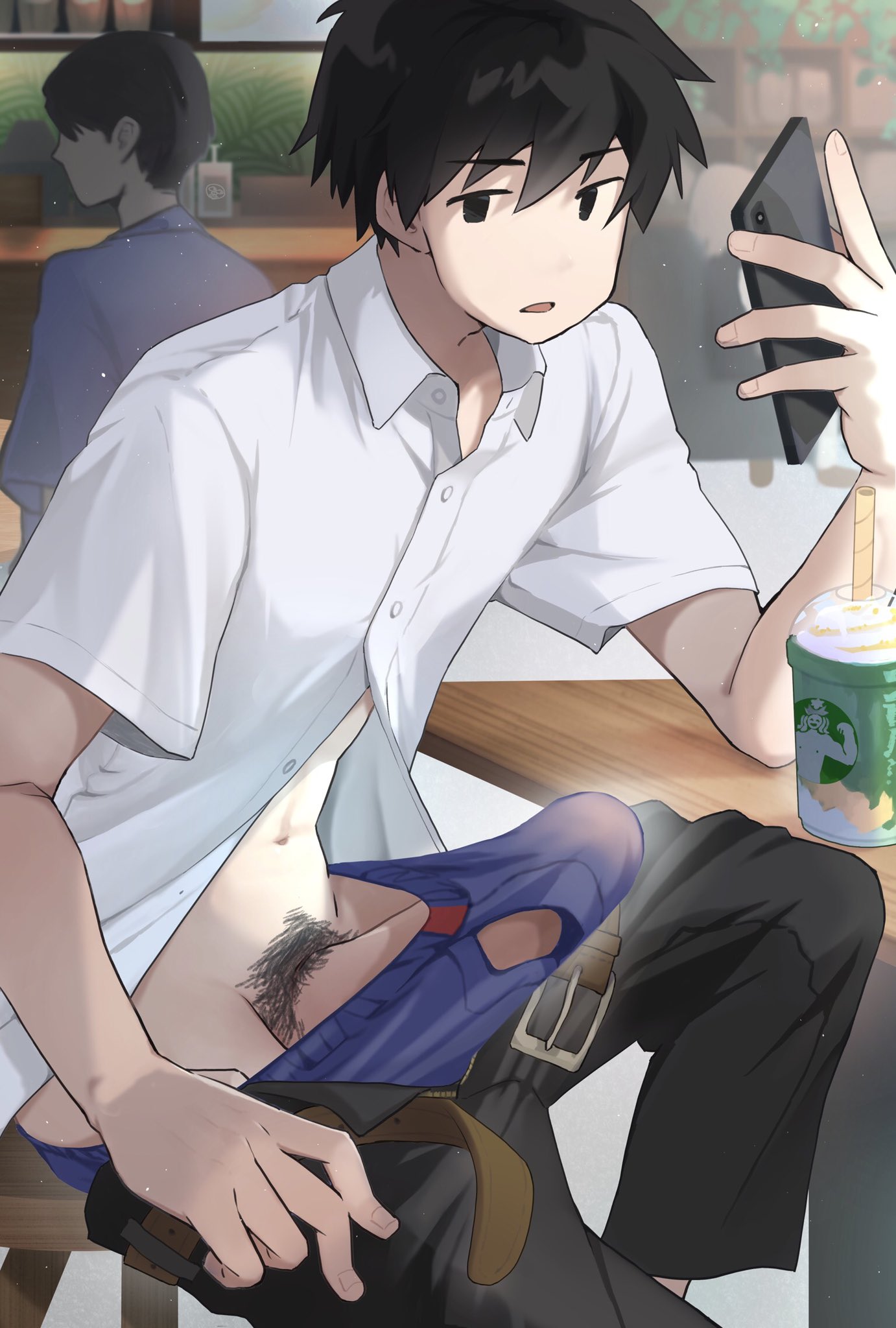 2boys belt black_eyes black_hair black_pants blue_male_underwear bulge erection erection_under_clothes frappuccino highres holding holding_phone large_penis male_focus male_underwear multiple_boys original pants penis phone pulling_own_clothes shirt syokuhin_108 underwear white_shirt