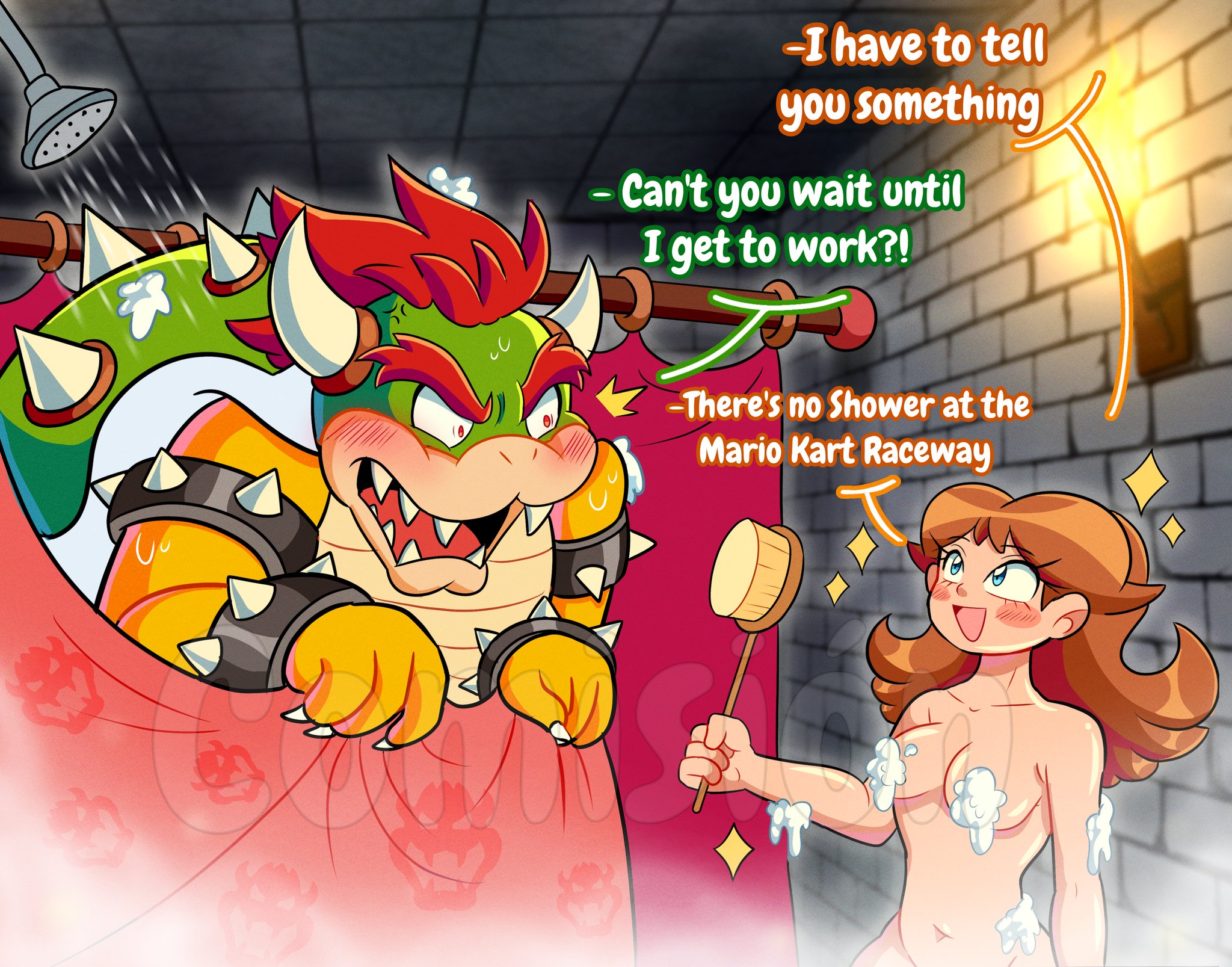 1boy, 1girls, 2025, 2d, 2d (artwork), 2d artwork, blue eyes, bowser, breasts, brush, completely naked, completely nude, dominant female, emasculation, embarrassed, embarrassed male, eyelashes, female, funny, long hair, looking at another, male, manys art, mario (series), mouth, mouth open, nintendo, nude, nude female, princess daisy, red eyes, red hair, sharp teeth, shiny breasts, shiny hair, shiny skin, short hair, shower, showering, sparkles, spiked bracelet, spiked collar, spongebob reference, steam, submissive male, super mario bros., talking, talking to another, teeth, teeth showing, teeth visible, text, water, watermark