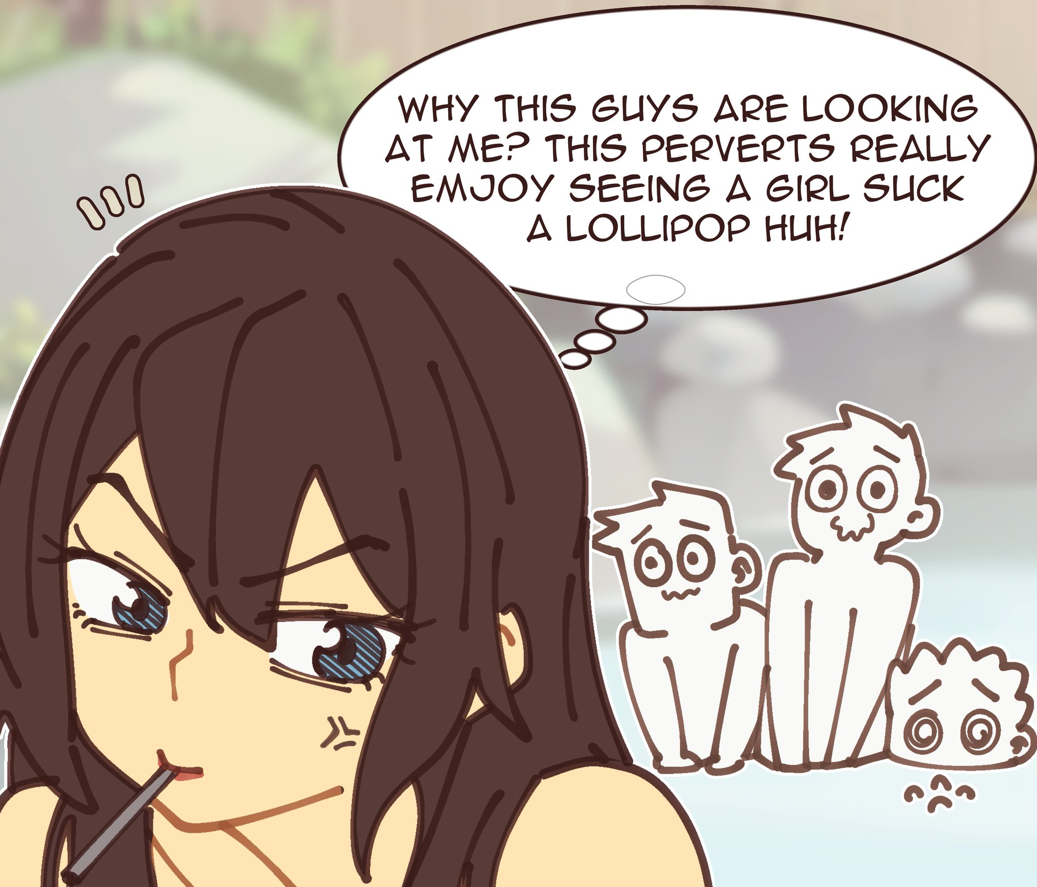 1girls, 2d, 2d (artwork), 2d artwork, 3boys, admiring, anger symbol, background, background characters, bathing together, blue eyes, brown hair, bubbles, candy, color, cropped, detailed background, eating, eating food, female, food, frustrated, hot spring, lollipop, lollipop in mouth, looking back, male, mayu naisu, minor spelling mistake, no sex, nude, nude female, nude male, oblivious, oc, original, original character, original characters, puppy eyes, sfw version, spelling error, swooning, thought bubble, water, wet, wet hair