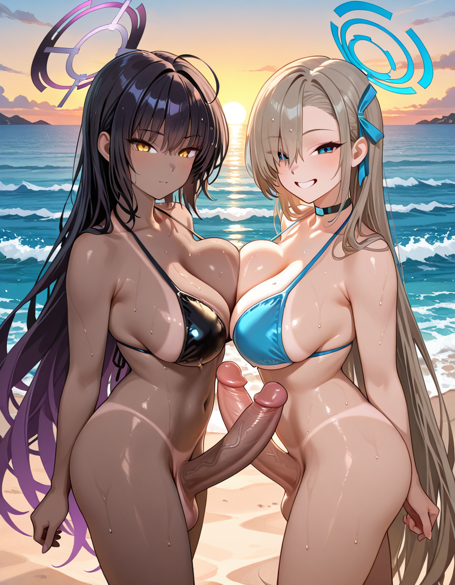 2girls, ai generated, asuna (blue archive), beach, big penis, bikini top, blue archive, breasts, erection, female, futanari, huge cock, intersex, karin (blue archive), large breasts, large penis, long hair, looking at viewer, nude, ocean background, penis, sand, smiling, summer, sunset, tan body, tan lines, uncensored, wet hair