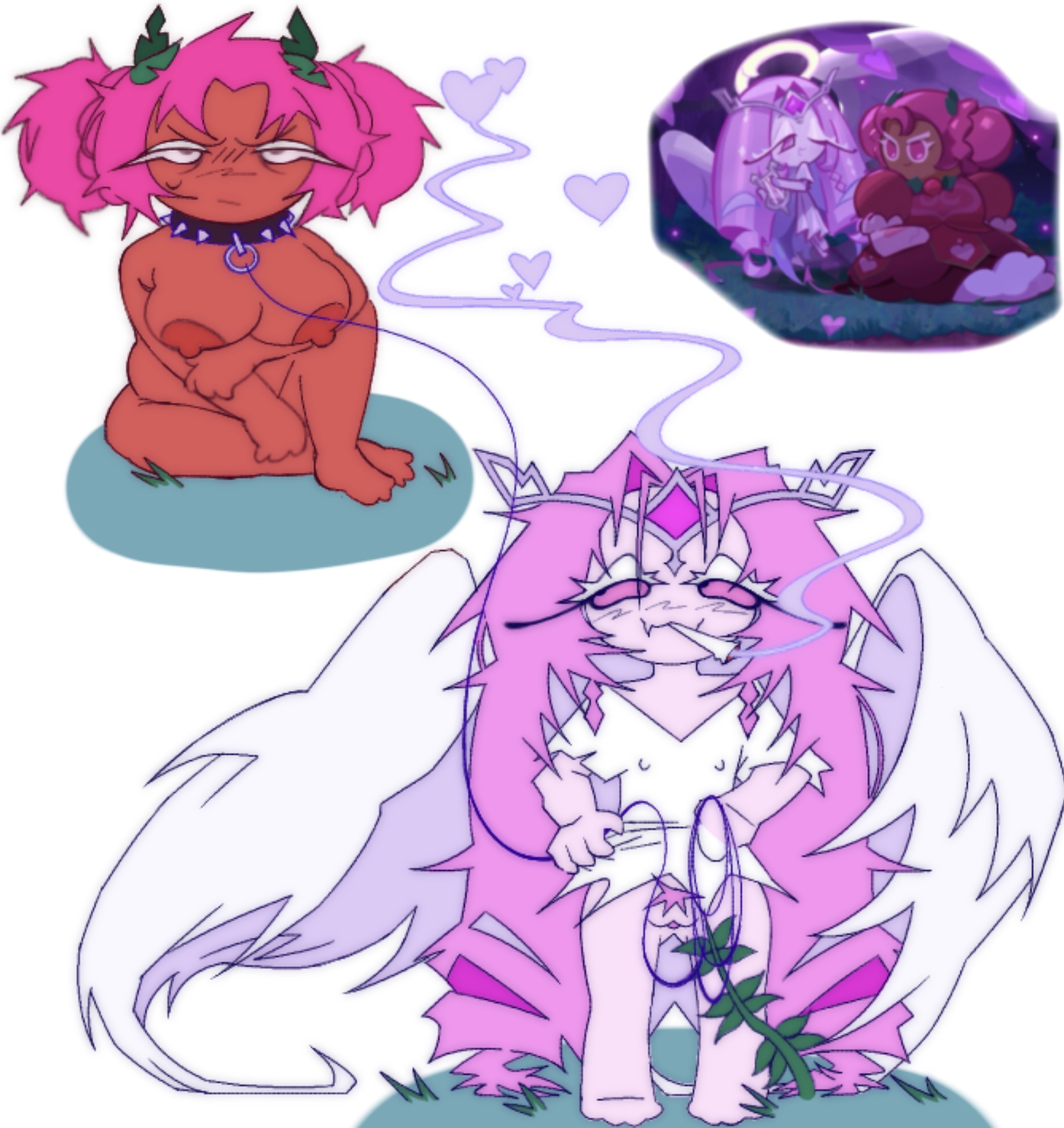 breasts, breasts out, chibi, cookie, cookie run, cookie run kingdom, cookie run ovenbreak, doodle, eternal sugar cookie, female, hollyberry cookie, leash, pupknife, pussy, pussy out, simple, smoking