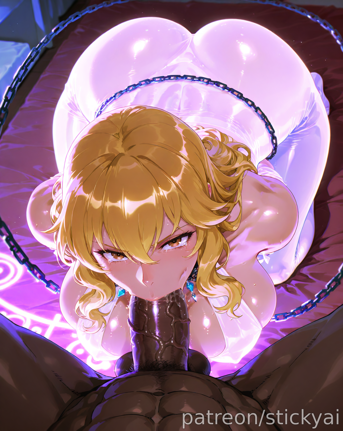 1girls, ai generated, belly dancer, blonde hair, blowjob, blowjob face, breasts, dark skin, dark-skinned male, female, gina (solo leveling), gold jewelry, harem outfit, large breasts, male, solo leveling, stickyai, voluptuous, voluptuous female, yellow eyes