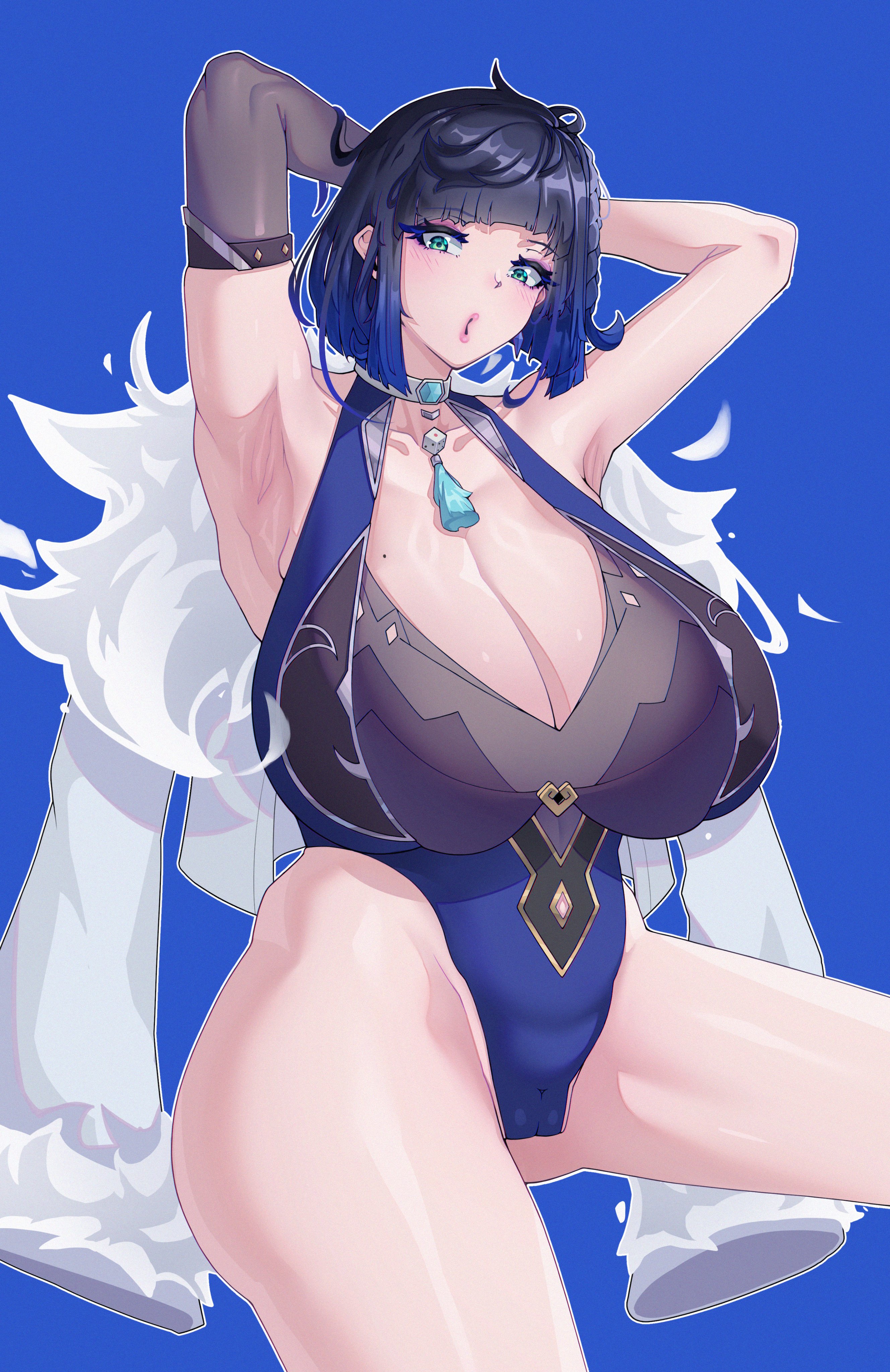 1girls, armpits, blue hair, breasts, cameltoe, eyeshadow, female, female focus, female only, genshin impact, large ass, large breasts, large hips, leotard, lipstick, makeup, pink eyeshadow, pink lipstick, pink makeup, svencorvus, yelan (genshin impact)
