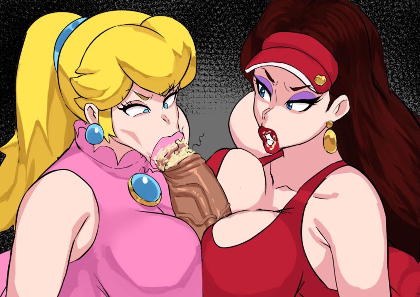 1male 2females blonde_hair blowjob blowjob_face cap cyberboi earrings looking_at_another male/female mario_(series) mario_sports_mix mario_tennis maroon_hair pauline_(mario) penis penis_between_breasts pink_dress_shirt pink_lips ponytail pov princess_peach pubic_hair pubic_hair_in_foreskin pubic_hair_in_smegma red_dress_shirt red_lips smegma smegma_in_mouth smegma_on_tongue sucking sucking_penis threesome
