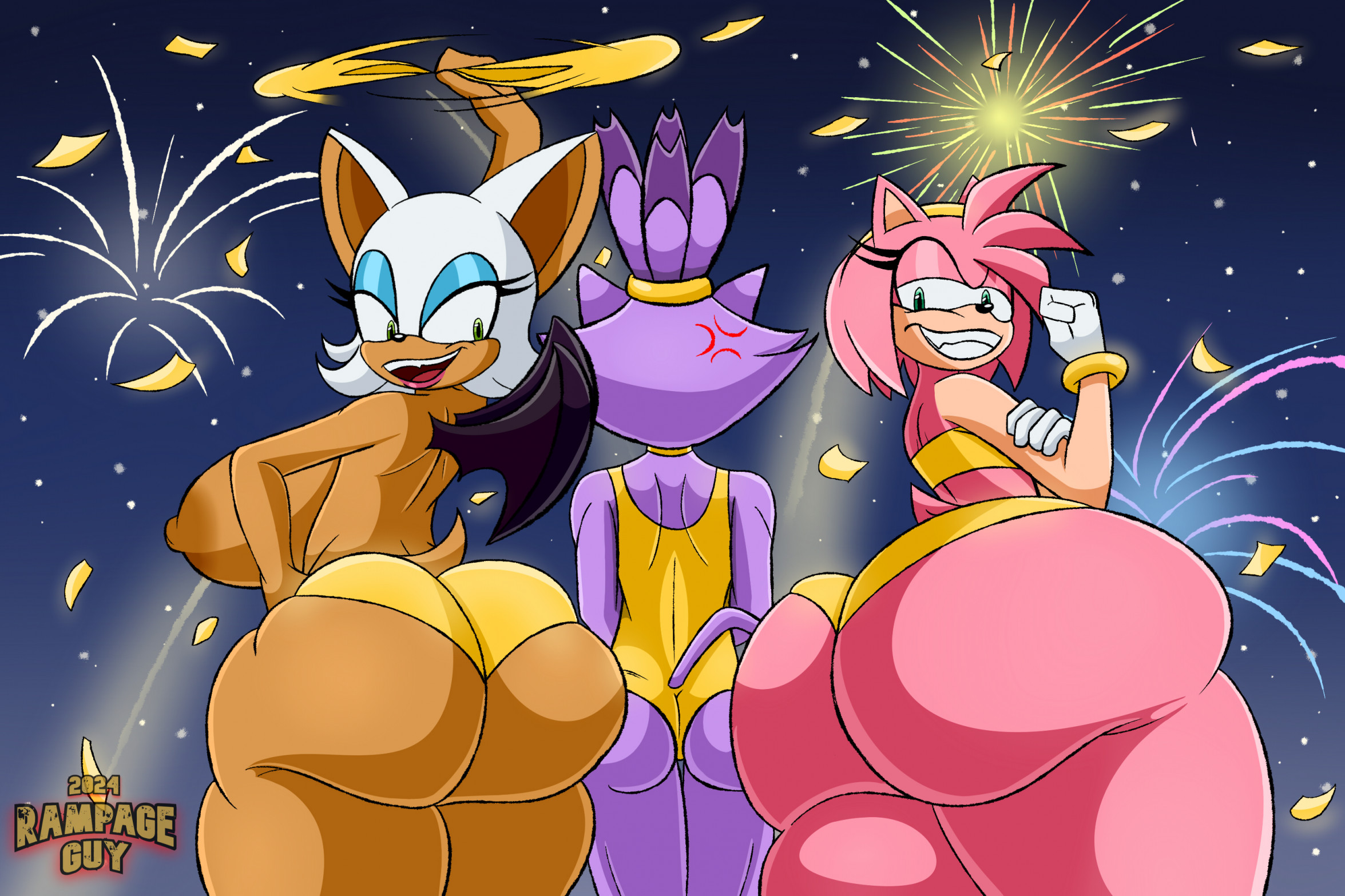 1cat, 2024, 2d, 3furrys, 3girls, amy rose, anger vein, anthro, areolae, ass, ass envy, ass focus, ass size difference, back view, bat, bat furry, bat wings, big ass, big breasts, bikini, blaze the cat, bottom heavy, bottom heavy female, breasts, brown nipples, butt crack, butt crack outline, butt focus, butt size difference, cat ears, cat furry, cat girl, cat humanoid, cat tail, closed mouth, closed mouth smile, clothed, clothed female, clothing, cross-popping vein, domestic cat, eulipotyphlan, eyelashes, facing away, facing away from viewer, felid, feline, felis, female, female ass, female ass focus, female butt, female only, fireworks, flat ass, fur, furry, furry female, furry only, giant ass, gigantic ass, gloves, gluteal fold, golden bikini, grin, grinning, group, hair tuft, handwear, hedgehog, hedgehog ears, hedgehog girl, hedgehog humanoid, hedgehog tail, hi res, holidays, hourglass figure, huge ass, hyper, hyper ass, large ass, looking at butt, mammal, mogging, multiple females, multiple girls, new year, night, night sky, nipples, one-piece swimsuit, open mouth, open mouth smile, open-mouth smile, petite, pin fur, pink body, pink fur, purple body, purple fur, rampageguy, rear view, rouge the bat, sega, small ass, smile, smiling female, sonic (series), sonic the hedgehog (series), standing, star, stars, swimsuit, swimwear, take your pick, teeth, teeth showing, thick thighs, thighs, tongue, topless, topless female, trio, twirling clothes, uncensored, video game character, viewed from behind, white hair