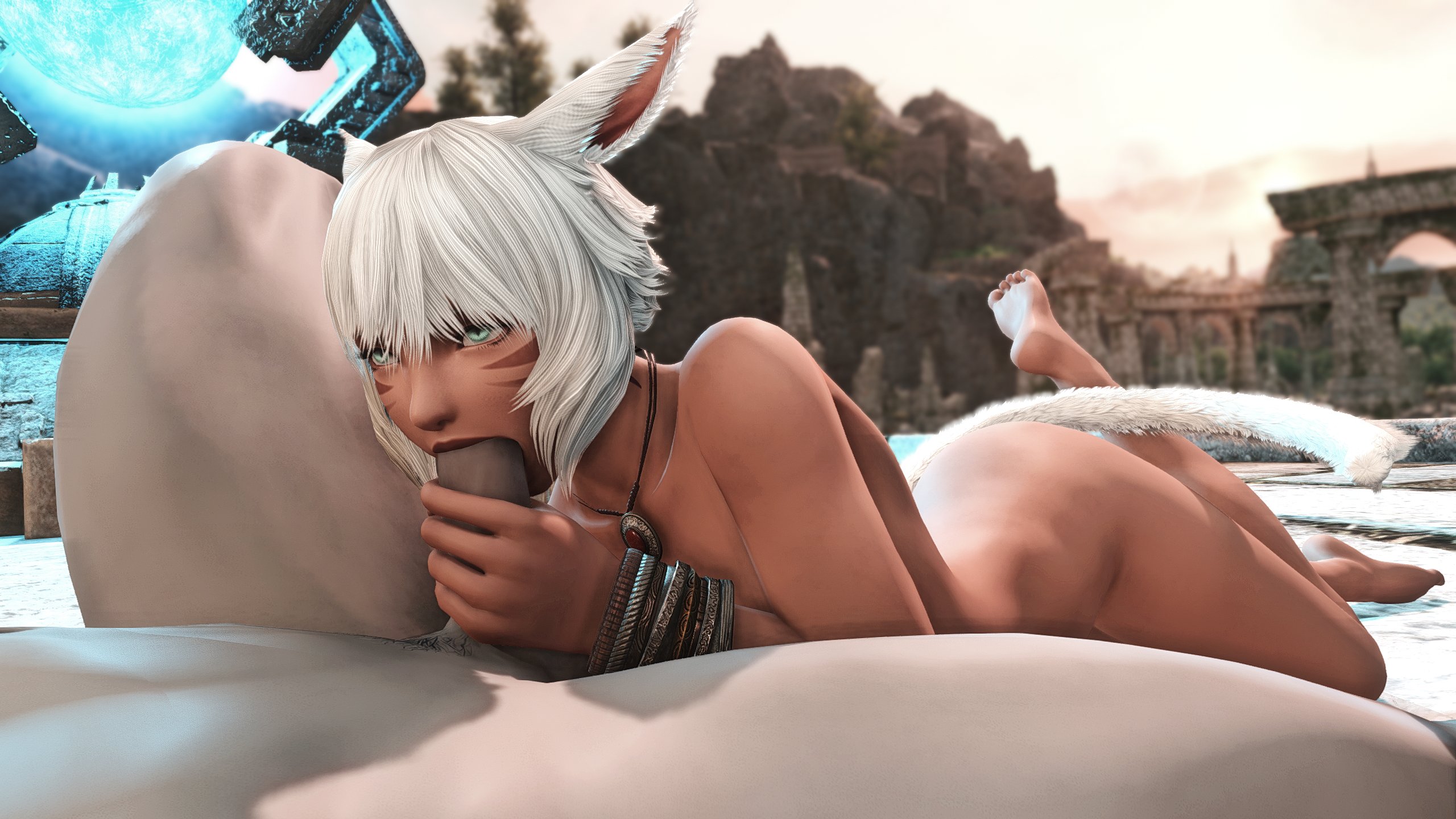1boy, 1girls, 3d, blowjob, cat ears, cat girl, cat tail, catgirl, face markings, feet up, fellatio, female, final fantasy, final fantasy xiv, holding penis, large penis, looking at partner, lying on ground, male, miqo'te, mouth full of cock, nude, nude female, outdoors, penis, short hair, valtin surecast, white hair, y'shtola