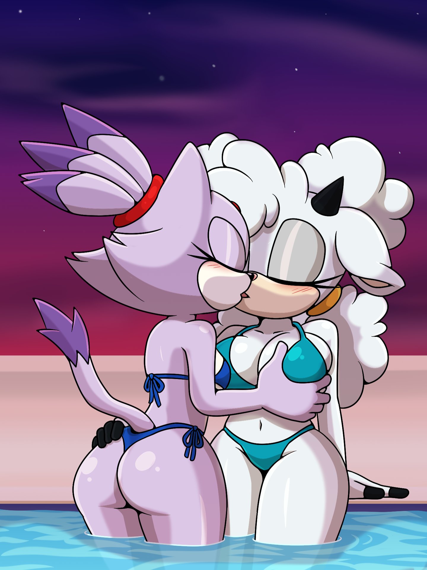 2girls, anthro, big breasts, bikini, black horn, blaze the cat, breast grab, breasts, closed eyes, feline, female, female anthro, female only, female/female, horn, idw comics, idw publishing, kissing, lanolin the sheep, lavender fur, lavender hair, pool, sega, sheep, sonic (series), sonic the hedgehog (idw), sonic the hedgehog (series), sonicguru, water, white body, white fur, white hair, yuri