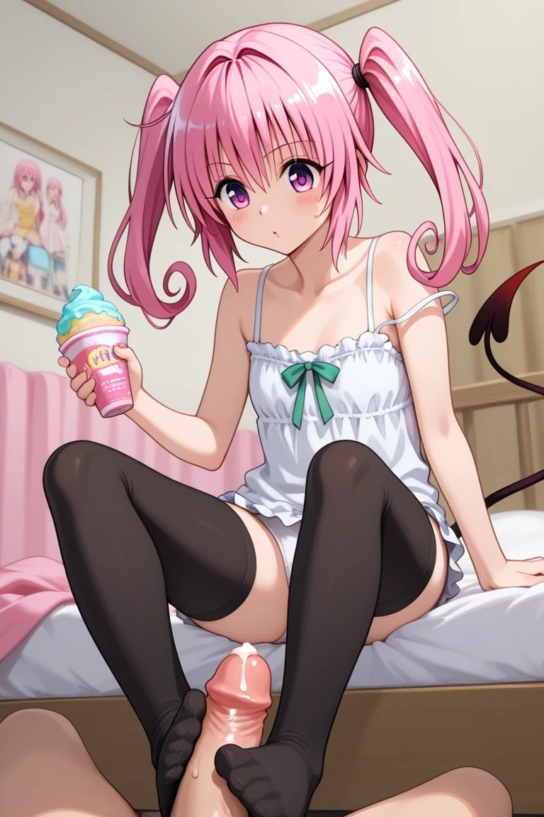 ai generated, bed, bedroom, cum, female, flat chest, footjob, footjob with legwear, ice cream, koihi, nana asta deviluke, panties, stockings, to love-ru, tomboy, twintails, white panties