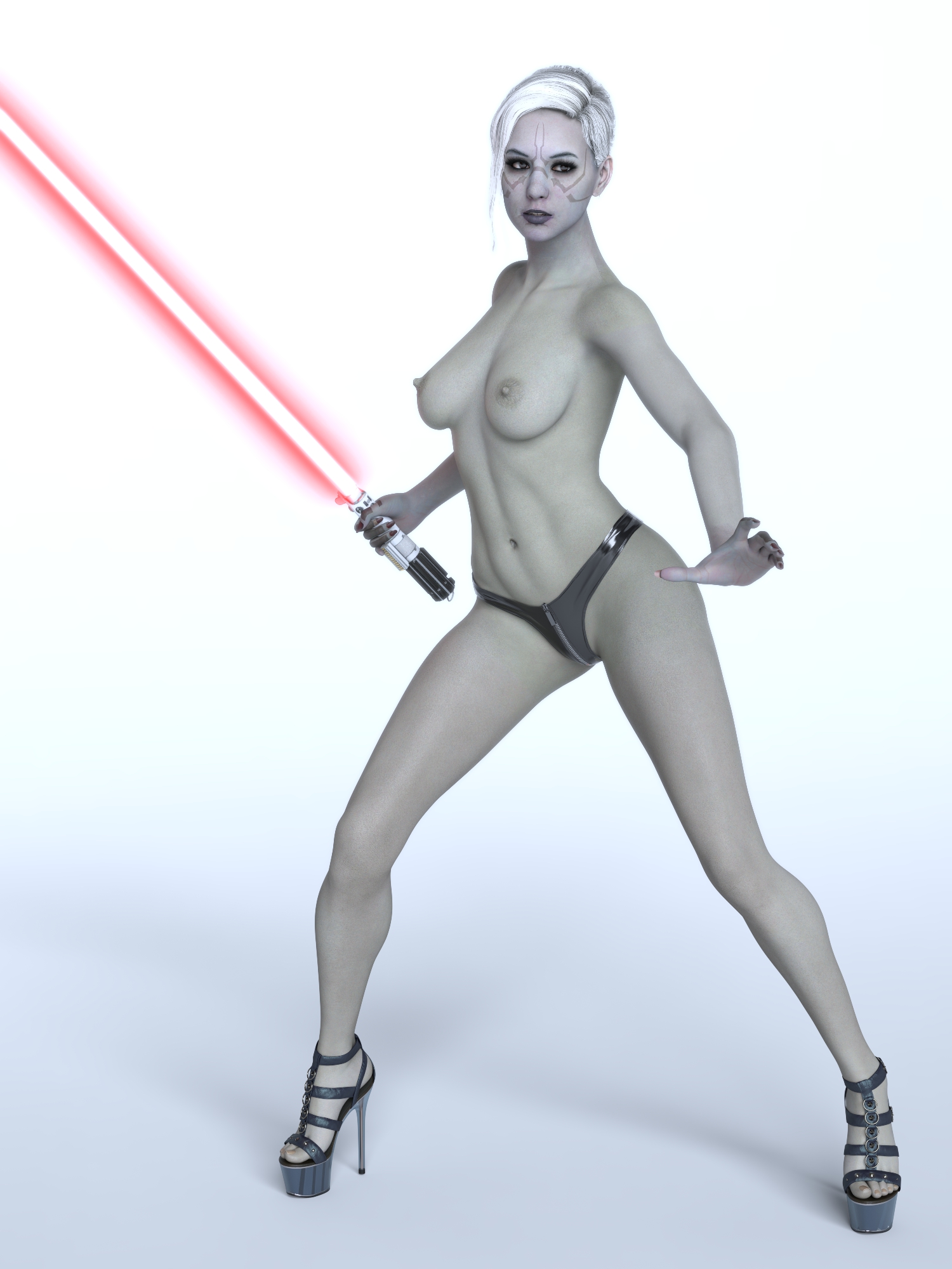 1girls, 3d, black panties, casual, clothing, daz studio, female, female only, footwear, full body, grey skin, grey-skinned female, high heels, human, jedi: fallen order, lightsaber, merrin, pale skin, panties, platform heels, red lightsaber, solo, star wars, topless, topless female, weapon, white hair, zauselzaus