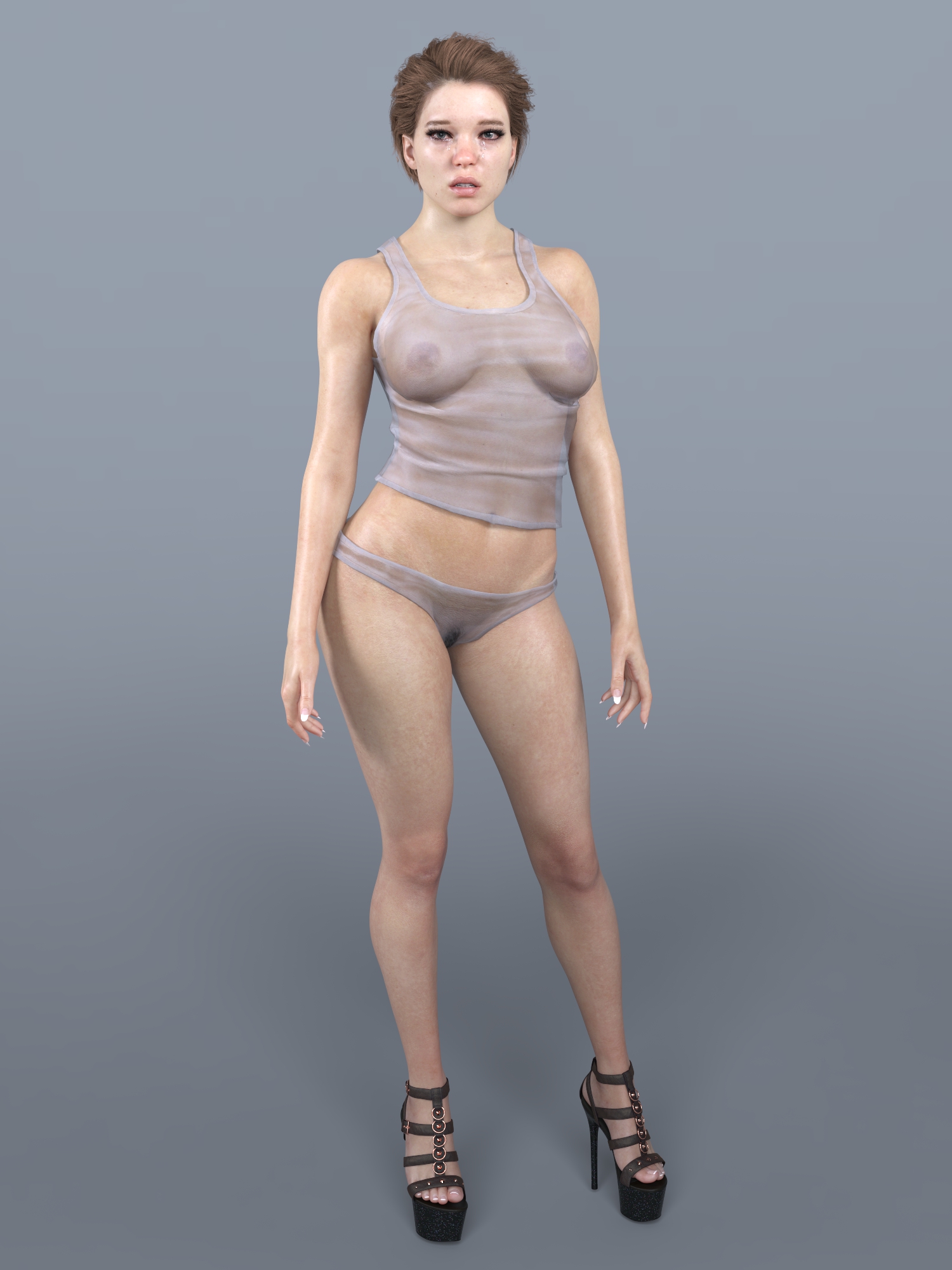 1girls, 3d, daz studio, death stranding, female, female only, fragile (death stranding), full body, high heels, lea seydoux, panties, platform heels, see-through clothing, solo, underwear, zauselzaus