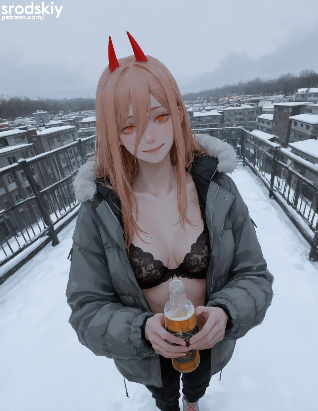 1girls, ai generated, breasts, chainsaw man, drinking, female, female only, horny female, lace bra, mature female, medium breasts, open clothes, photorealistic, power (chainsaw man), srodskiy, tagme, vulgar