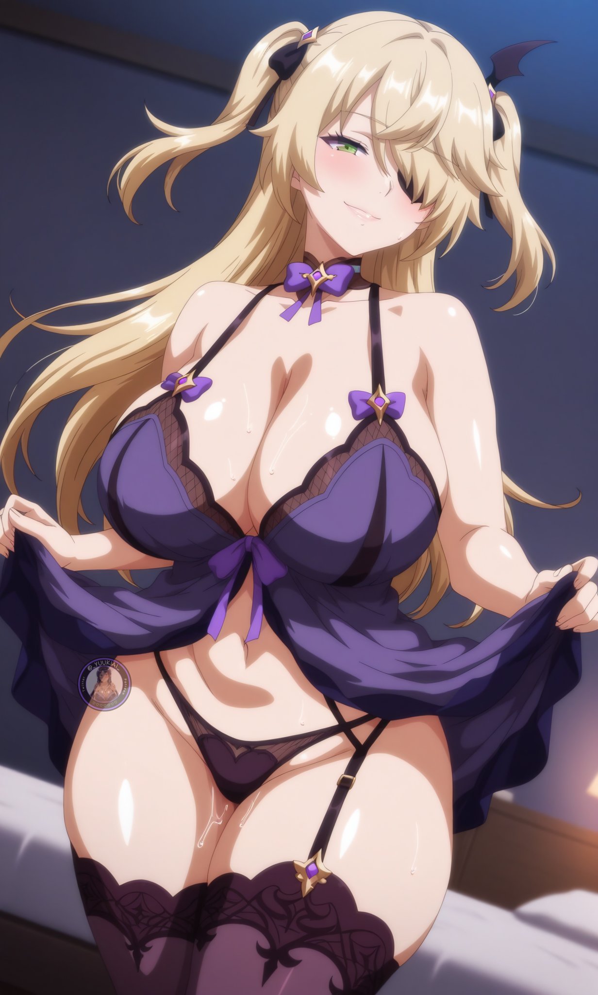 1girls, ai generated, breasts, eyepatch, female, female focus, female only, fischl (genshin impact), genshin impact, large breasts, light skin, light-skinned female, looking at viewer, shiny skin, solo, thick thighs, thighs, twintails, wet, wide hips, yuukiai