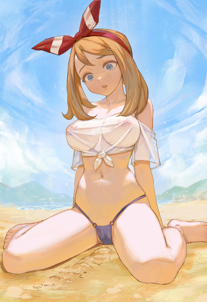 alternate breast size, bandana, bare belly, bare legs, bare shoulders, bare thighs, barefoot, beach, belly button, big breasts, bikini, blue eyes, breasts, brown hair, collarbone, feet, female, looking down, may (pokemon), medium hair, nipples visible through clothing, off shoulder, open legs, outdoors, parted lips, pokemon, see-through clothing, see-through shirt, shirt, short sleeves, thighs, tied shirt, toes, wariza, white shirt, yugen99