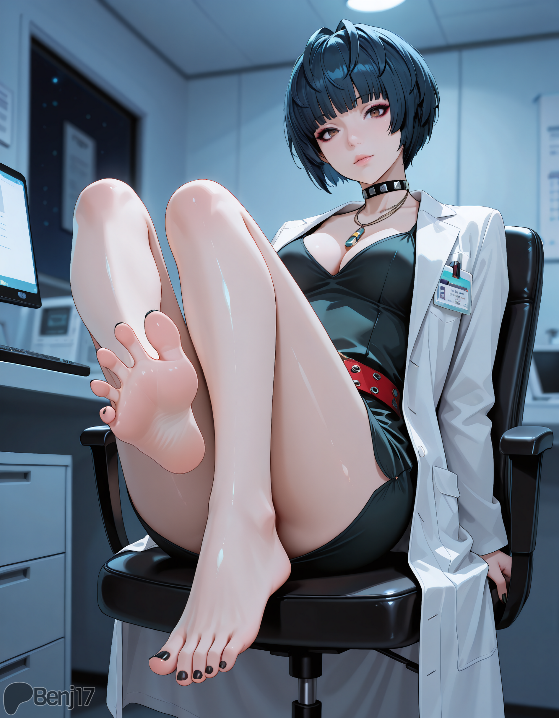 ai generated, ass, benj17, feet, feet focus, feet up, female, foot fetish, looking at viewer, persona, persona 5, soles, sweat, tae takemi, toes