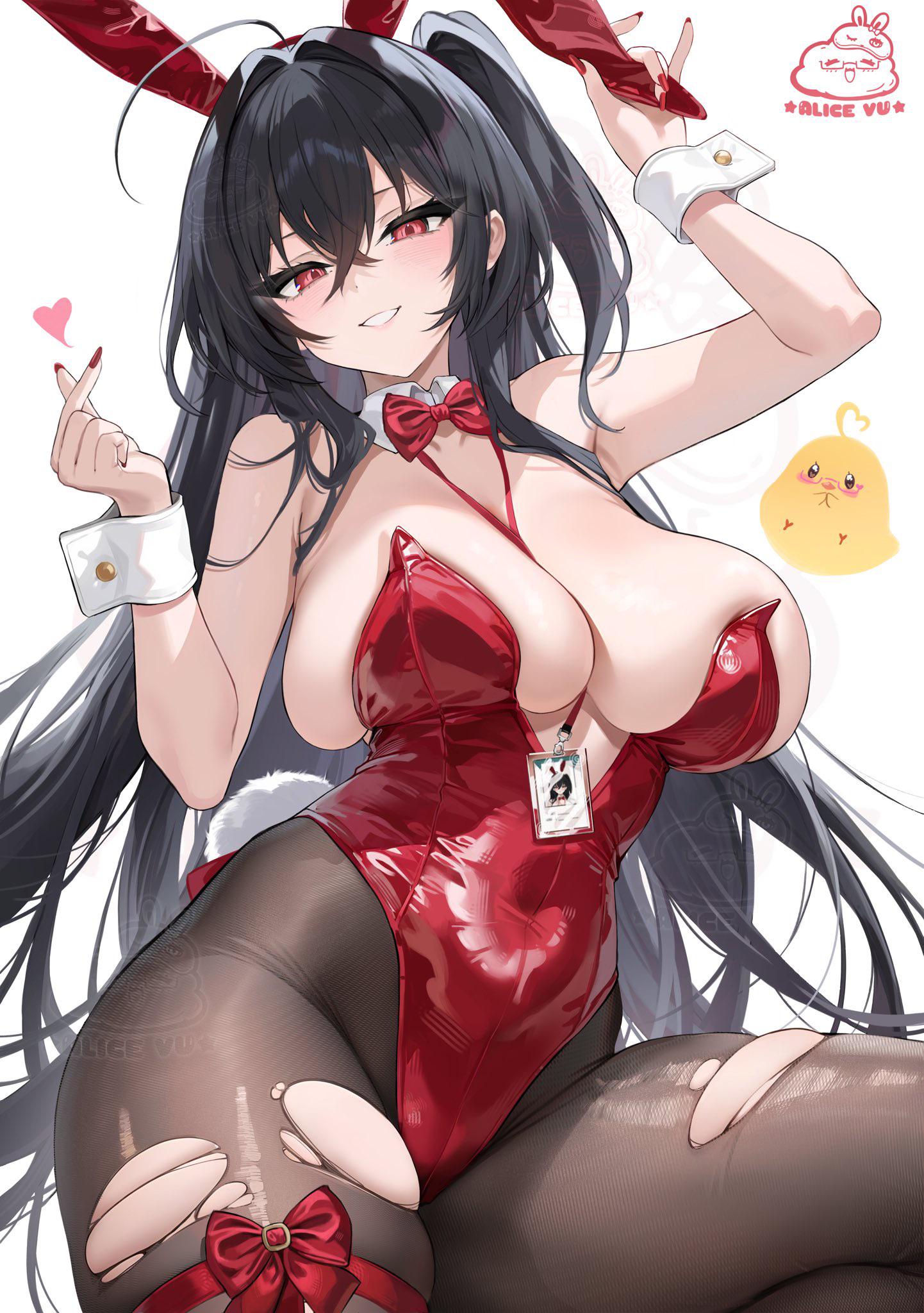 ahoge, alcohol, alice vu, alternate costume, animal ears, azur lane, bare shoulders, between breasts, black hair, black leotard, black pantyhose, blush, bow, bowtie, breasts, brown pantyhose, card, cleavage, covered navel, crossed bangs, cup, detached collar, fake animal ears, fake tail, female, grin, hair between eyes, heart, highleg, highleg leotard, holding, large breasts, leotard, long hair, looking at viewer, manjuu (azur lane), nail polish, official alternate costume, one side up, pantyhose, parted lips, playboy bunny, rabbit ears, rabbit tail, red bow, red bowtie, red eyes, red leotard, red nails, simple background, skindentation, smile, solo, strapless, strapless leotard, taihou (azur lane), taihou (fun on the baize) (azur lane), tail, thigh strap, thighband pantyhose, thighs, torn clothes, torn legwear, torn pantyhose, twintails, very long hair, white background, wrist cuffs