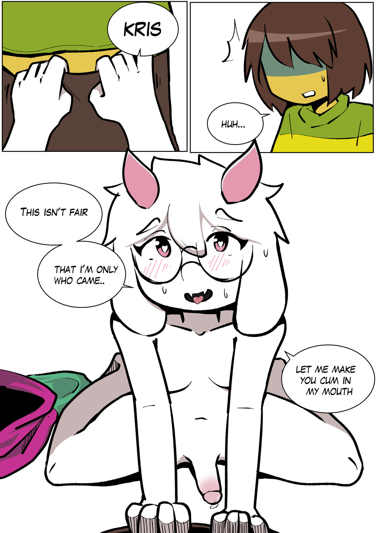 big glasses, blush, breasts, brown hair, cum, cumshot, dark hair, deltarune, deltarune chapter 1, deltarune chapter 2, deltarune tomorrow, furry male, gay, gay sex, glasses, heart eyes, kneeling, kris (deltarune), licking penis, looking at viewer, male, penis, penis grab, penis in mouth, penis on face, pink tip, popsodaart, pov, pov eye contact, pulling down pants, ralsei, ralsei with white fur, round glasses, sex, sexy, small breasts, white fur