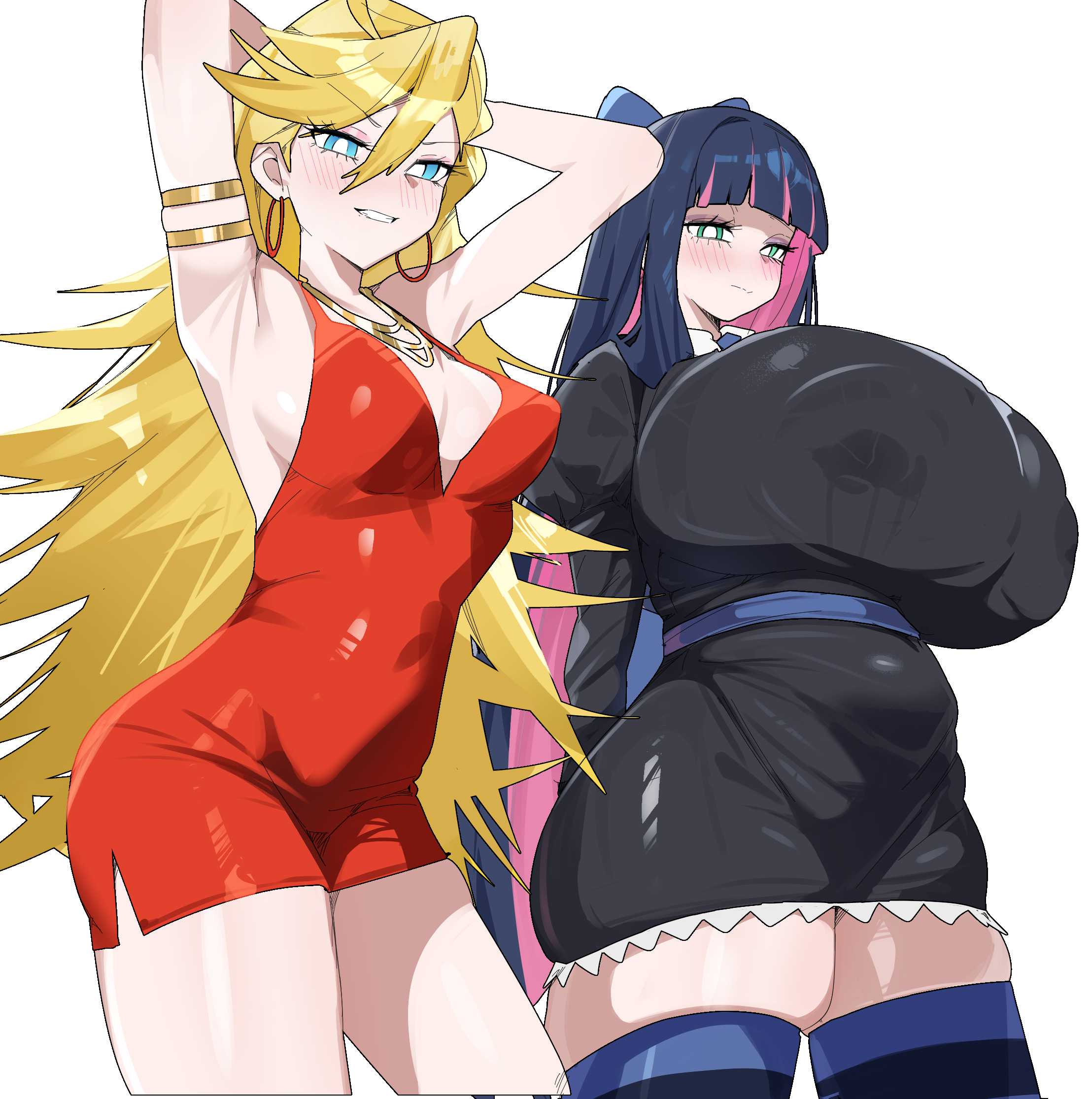 2girls, ahoge, bangs, bare shoulders, big breasts, blonde hair, blue bow, blue eyes, blue hair, blue thighhighs, blunt bangs, blush, bow, breast size difference, breasts, chubby, chubby belly, chubby female, citizen k, cleavage, collarbone, colored inner hair, female, female only, hair between eyes, hairbow, lactation, lactation through clothes, large breasts, long hair, looking at viewer, medium breasts, multicolored hair, multiple females, multiple girls, navel, panty & stocking with garterbelt, panty anarchy, pink hair, plump, shiny, siblings, sisters, smile, stocking anarchy, stomach, striped thighhighs, thighhighs, tight clothing, two-tone hair, very long hair