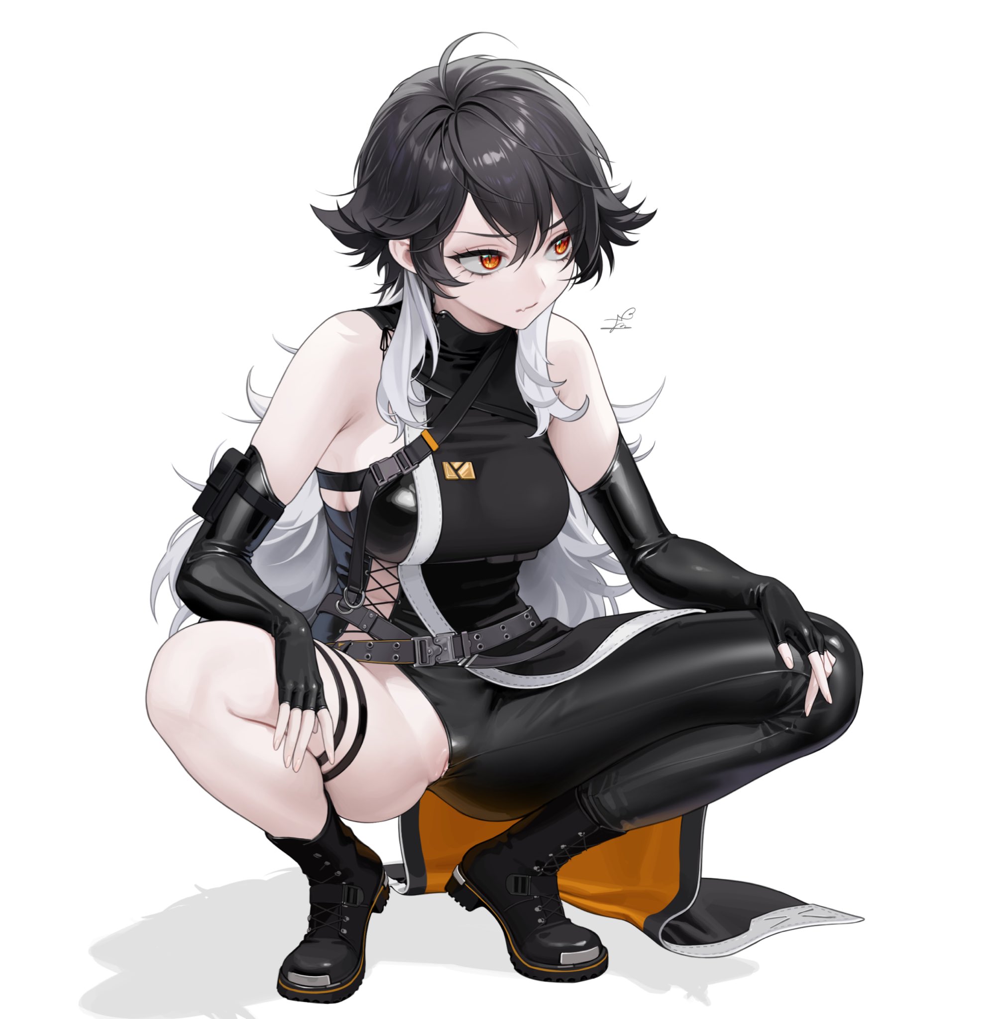 asymmetrical clothes, bare shoulders, belt, black hair, boots, clitoris, clitoris slip, copyright notice, elbow gloves, female, fingerless gloves, gloves, goddess of victory: nikke, highres, k (nikke), labia, labia lips, multicolored hair, ohisashiburi, orange eyes, partially visible vulva, plump labia, pussy, pussy lip, pussy lips, pussy peek, single pantsleg, solo, squatting, tomboyish, wardrobe malfunction, white hair