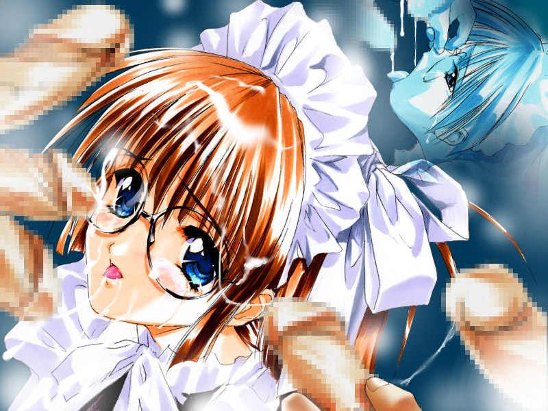 censored cum cum_on_glasses facial game_cg glasses maid multiple_penises nose_pinch orimiya_mai penis puriori-soft tongue