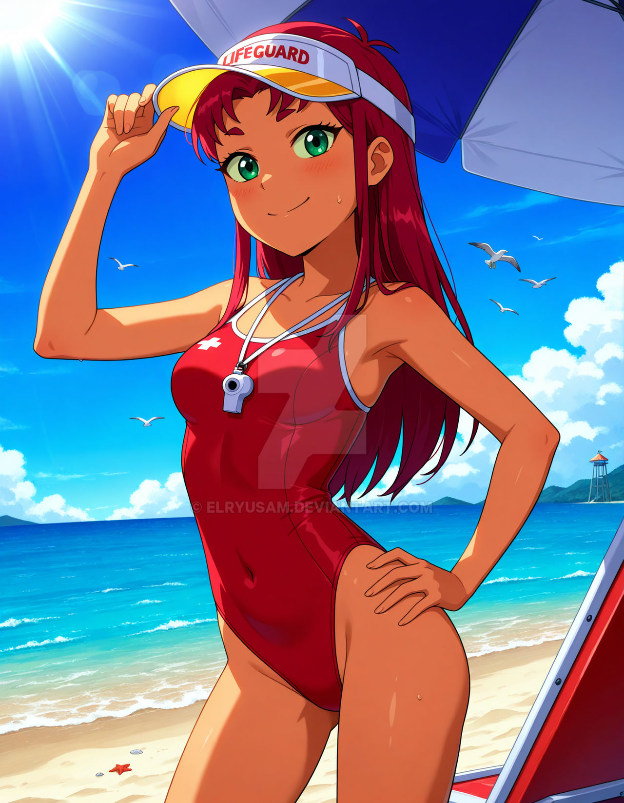 2025, ai generated, beach, cartoon network, dc, dc comics, deviantart, elryusam, female, green eyes, hand on hat, hand on hip, holding hat, lifeguard hat, lifeguard swimsuit, meta, mouth closed, not porn, orange body, orange skin, red cheeks, red eyebrows, red-haired female, starfire (teen titans), swimsuit, teen titans, touching hat, wet body, wet skin, wet swimsuit, whistle around neck