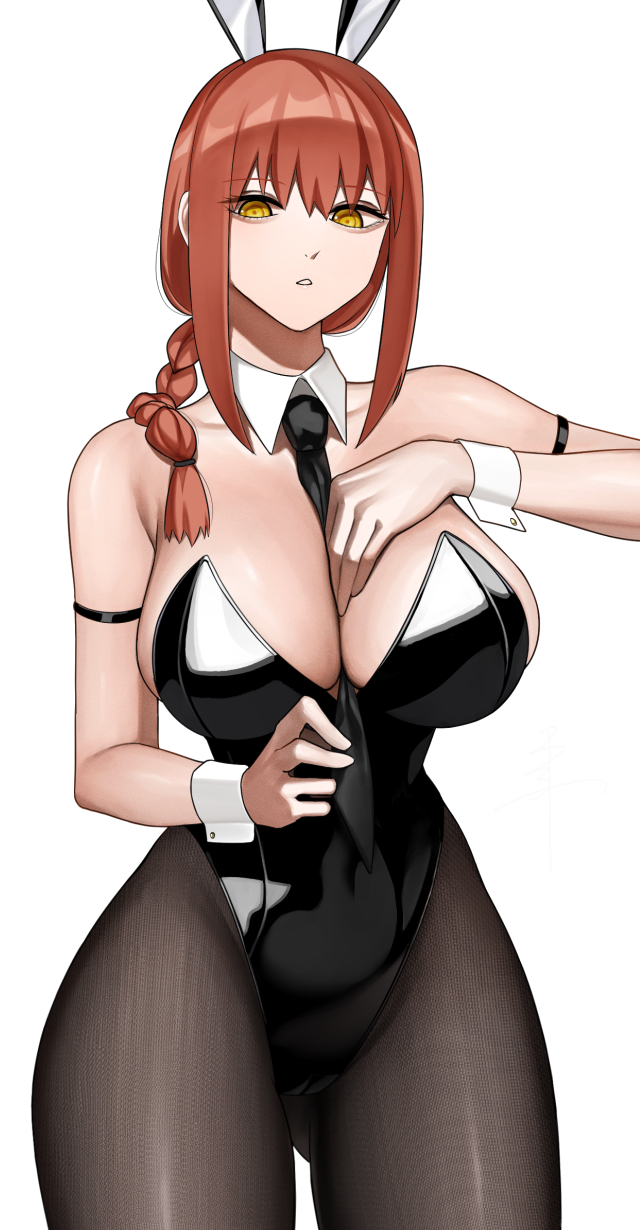 1girls, big breasts, braid, braided ponytail, breasts, bunnysuit, chainsaw man, female, female only, fit female, high heels, highres, hourglass figure, huge breasts, large breasts, leotard, light-skinned female, long legs, makima (chainsaw man), mature female, necktie, pantyhose, rabbit ears, red hair, ringed eyes, senju (snz0), slim waist, thick thighs, unusual pupils, wide hips, yellow eyes