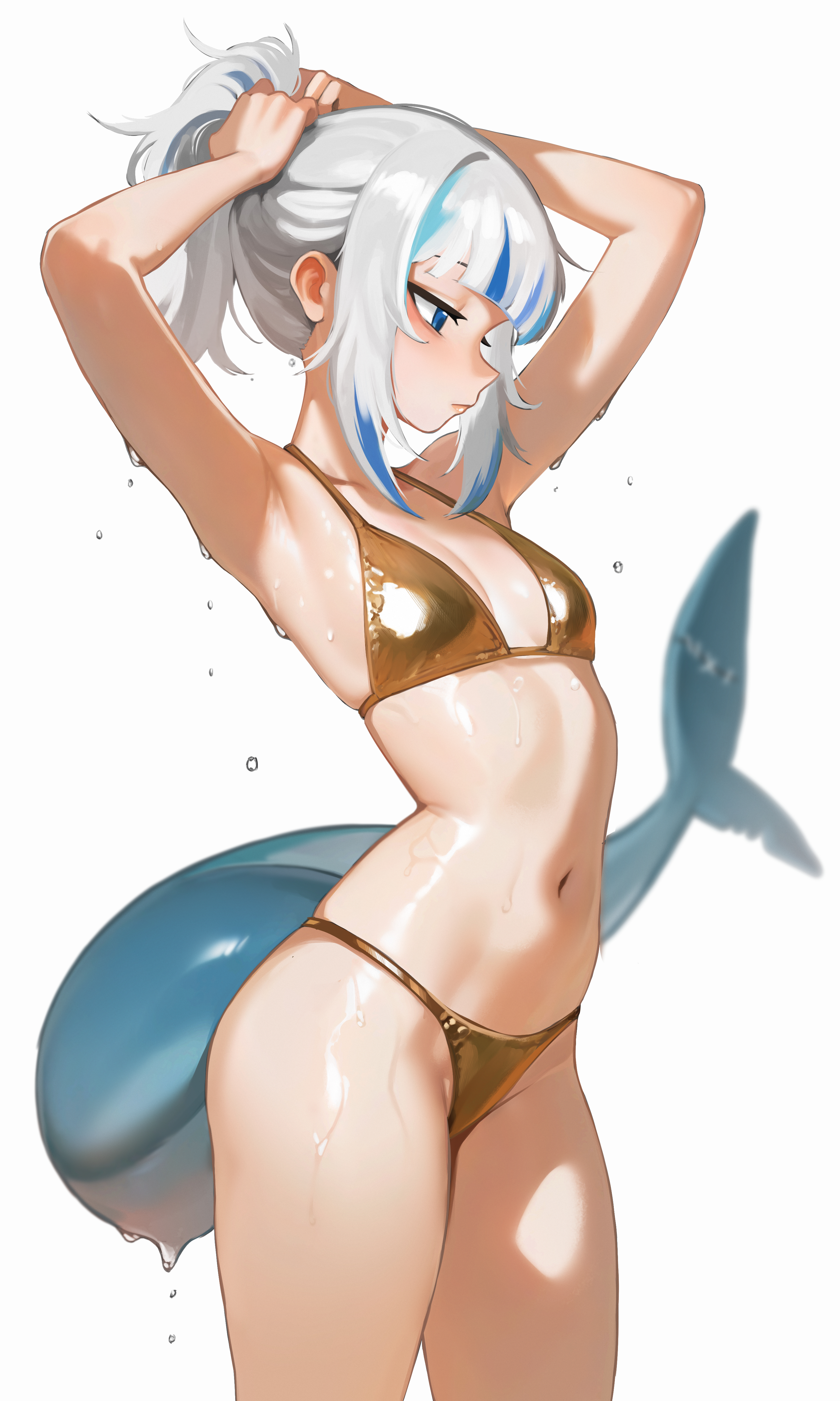 absurdres, adjusting hair, alternate costume, alternate hairstyle, armpits, arms up, artist request, bare legs, bikini, blue eyes, blue hair, blue tail, blunt bangs, breasts, commentary, cowboy shot, dripping, english commentary, female, fins, fish tail, gawr gura, gold bikini, golden week, grey hair, hand in own hair, highres, hololive, hololive english, hololive myth, looking down, me o wy, multicolored hair, navel, ponytail, presenting armpit, shark girl, shark tail, sideboob, sidelocks, simple background, small breasts, solo, stomach, streaked hair, sweaty armpits, swimsuit, tail, tying hair, virtual youtuber, wet, white background