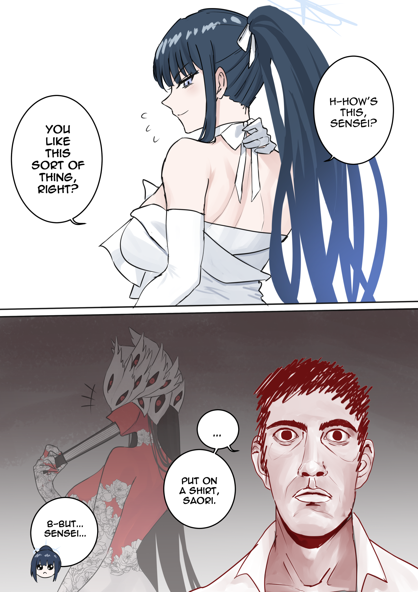 2girls, 2koma, beatrice (blue archive), big breasts, blue archive, blue eyes, breasts, dress, english text, fan, female, halo, long hair, maven (madeinheaven 23), meme, meme reference, multiple females, multiple girls, official alternate costume, ponytail, posing, presenting, ptsd, red skin, saori (blue archive), sensei (blue archive), showing, sideboob, text, text bubble, thousand yard stare