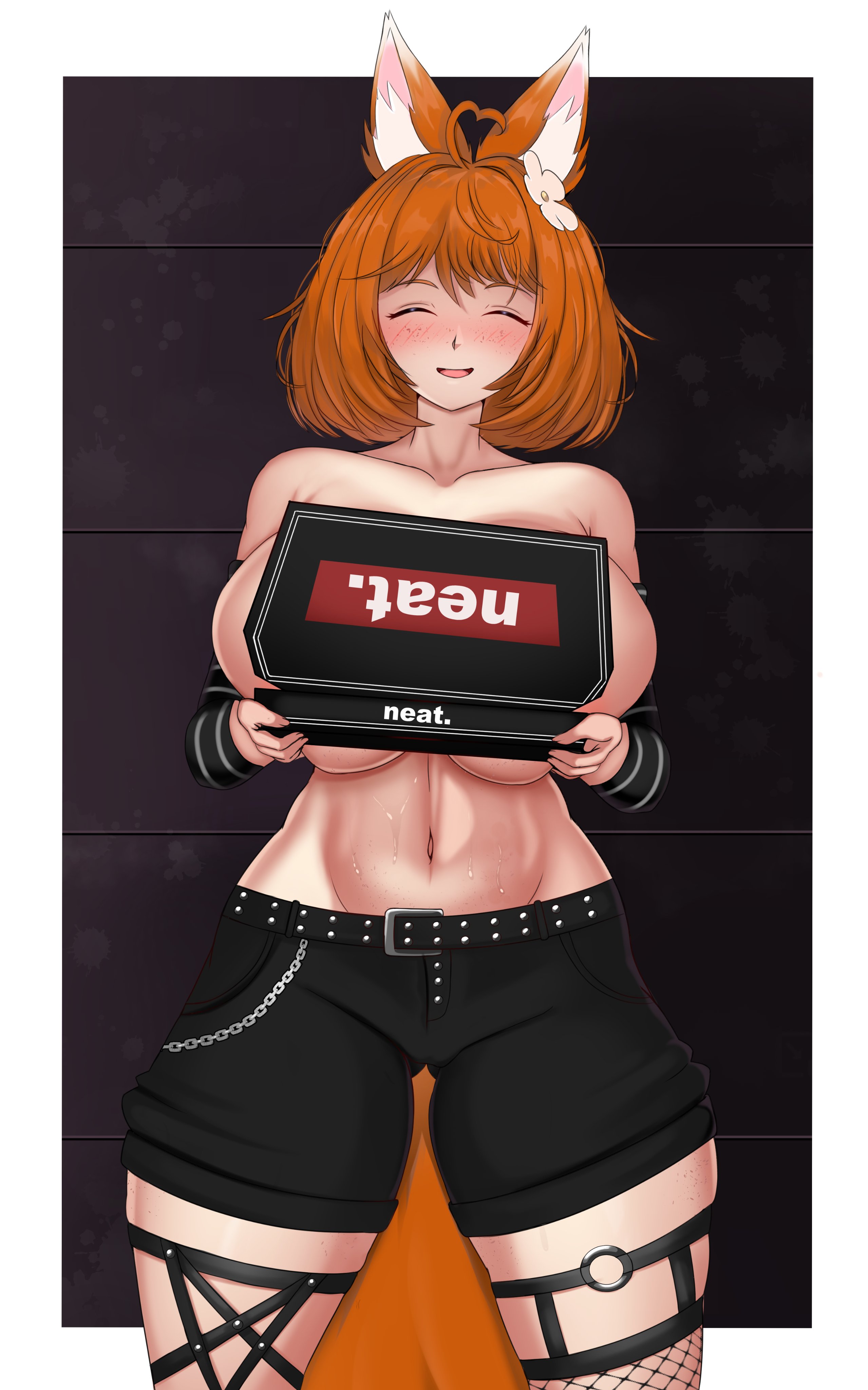 1girls, animal ears, belly, blush, breasts, cleavage, closed eyes, covering, covering breasts, female, female only, fox, fox ears, fox girl, fox tail, freckles, freckles on arms, freckles on breasts, freckles on face, ginger, ginger hair, glubbable, huge breasts, infamea, large breasts, light skin, light-skinned female, no bra, pants, pizza box, short hair, solo, solo female, sweat, sweatdrop, sweaty body, tummy, virtual youtuber, vrchat, vtuber